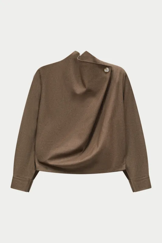 MICRO CHECK WRAP FUNNEL NECK TOP - BROWN made by The Couture Club