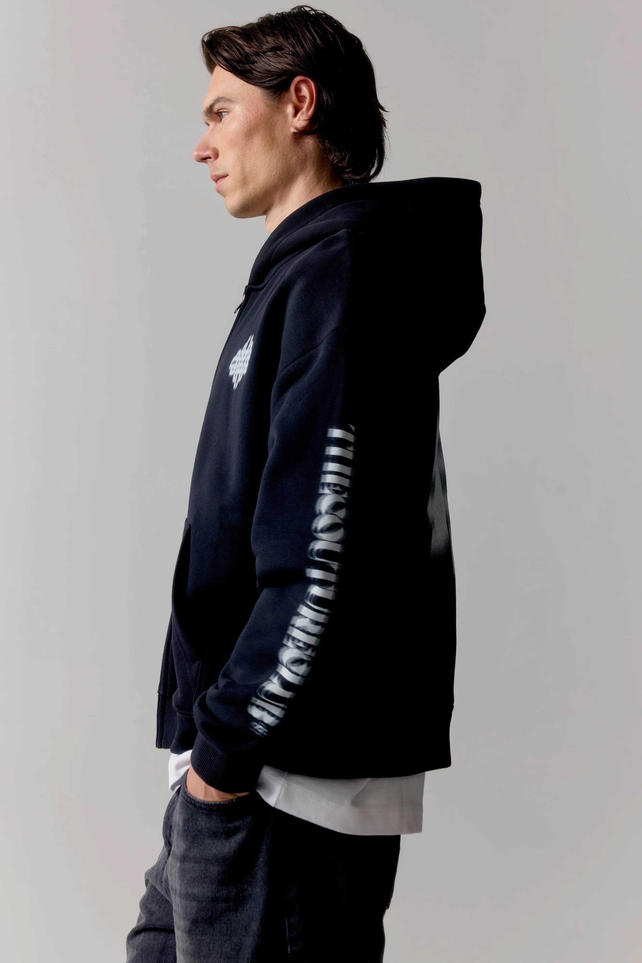 MOTION BLURRED ZIP THROUGH HOODIE - BLACK sold by The Couture Club product image thumbnail 5