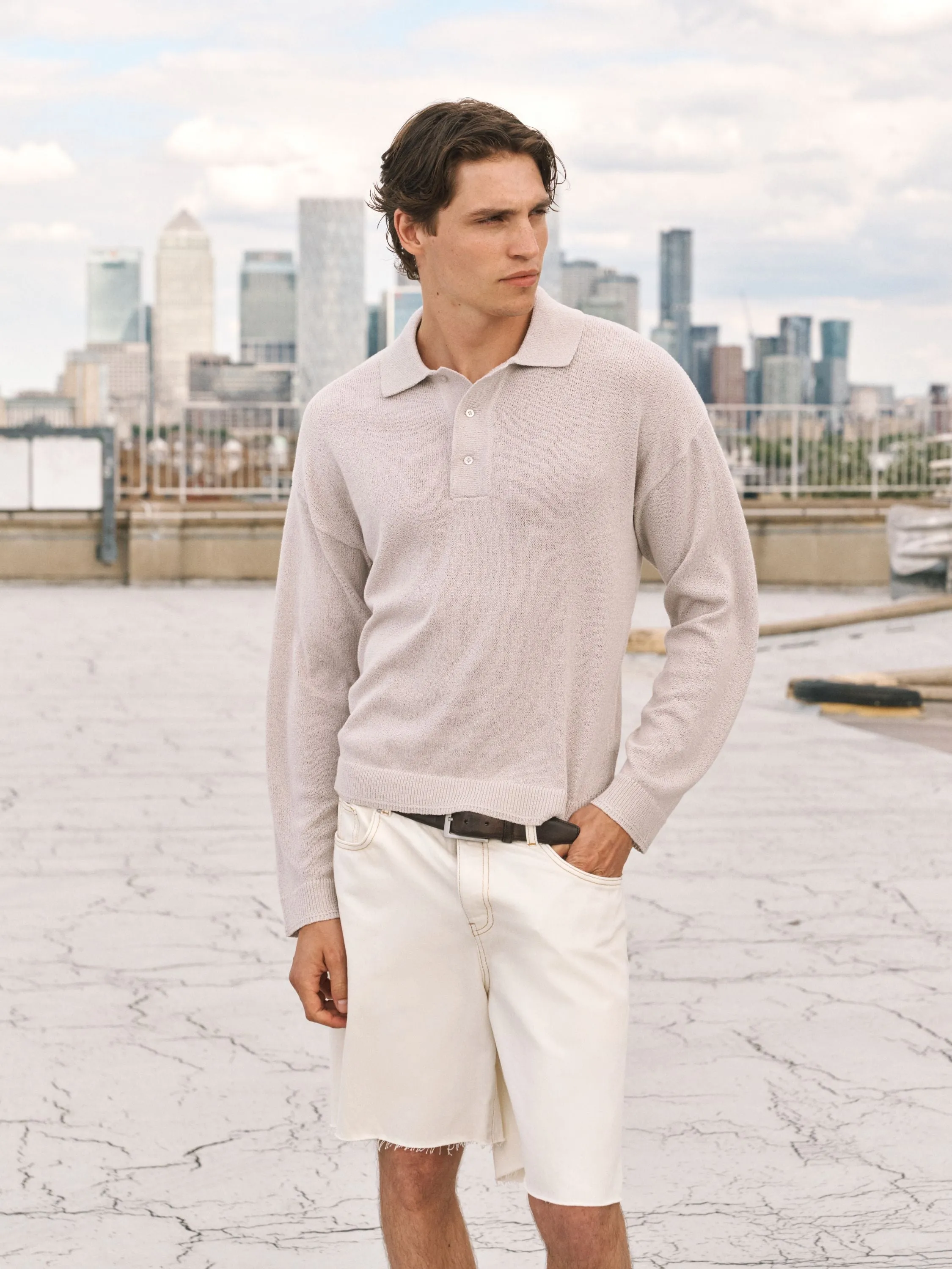 FINE GAUGE KNITTED LONG SLEEVE POLO - MUSHROOM sold by The Couture Club