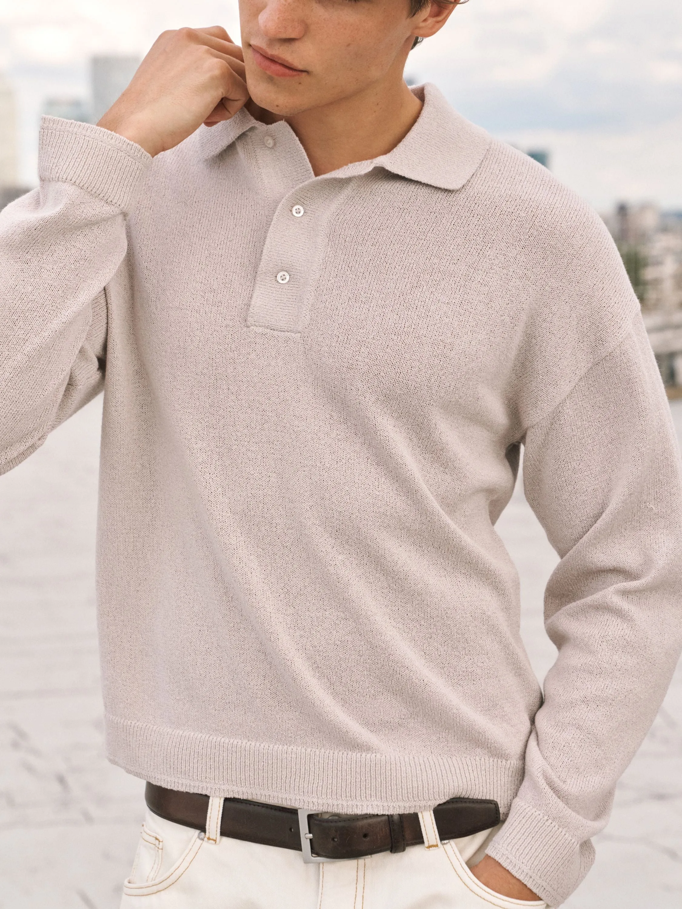 FINE GAUGE KNITTED LONG SLEEVE POLO - MUSHROOM sold by The Couture Club product image thumbnail 3