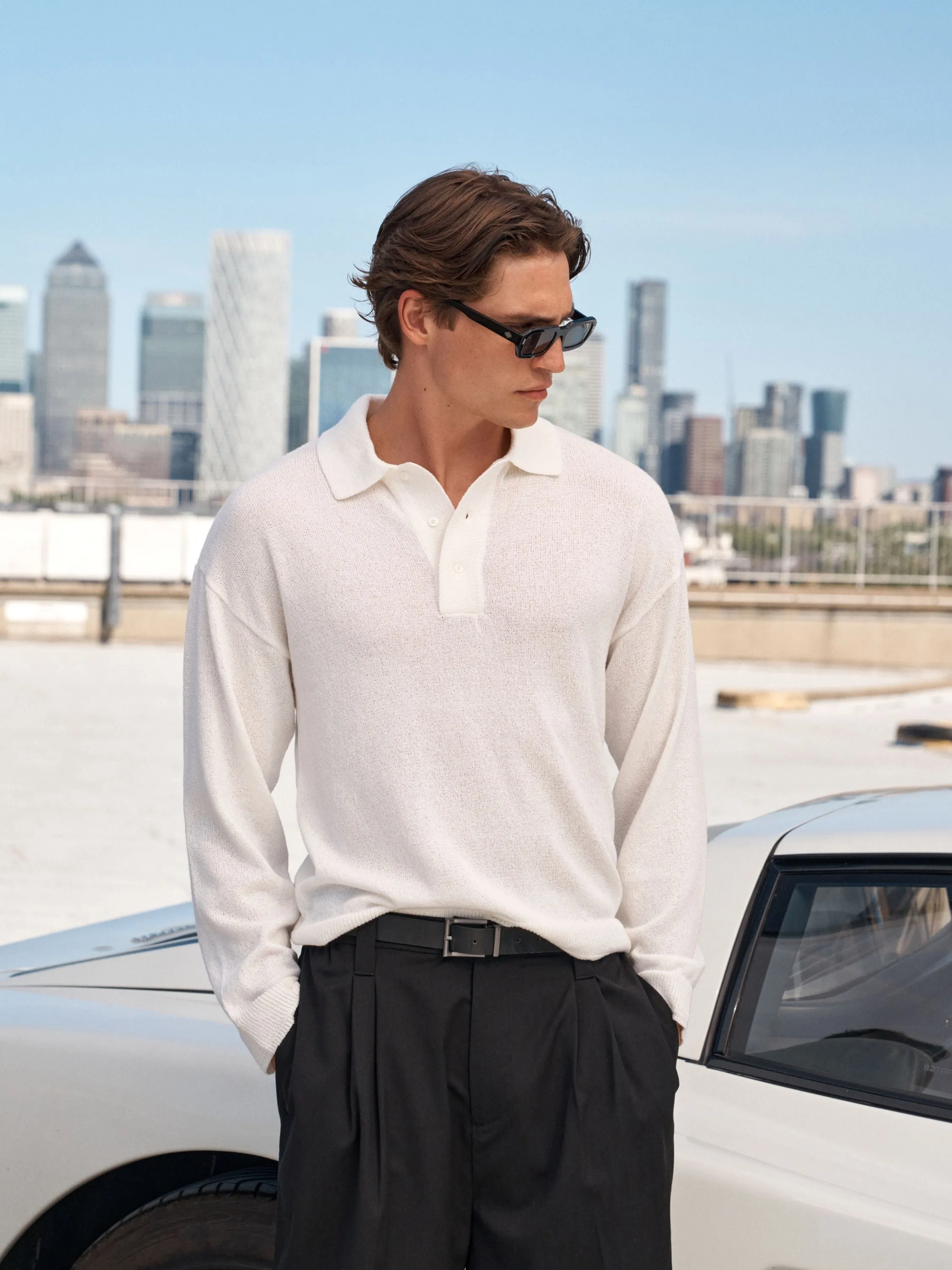 FINE GAUGE KNITTED LONG SLEEVE POLO - WHITE sold by The Couture Club product image thumbnail 3