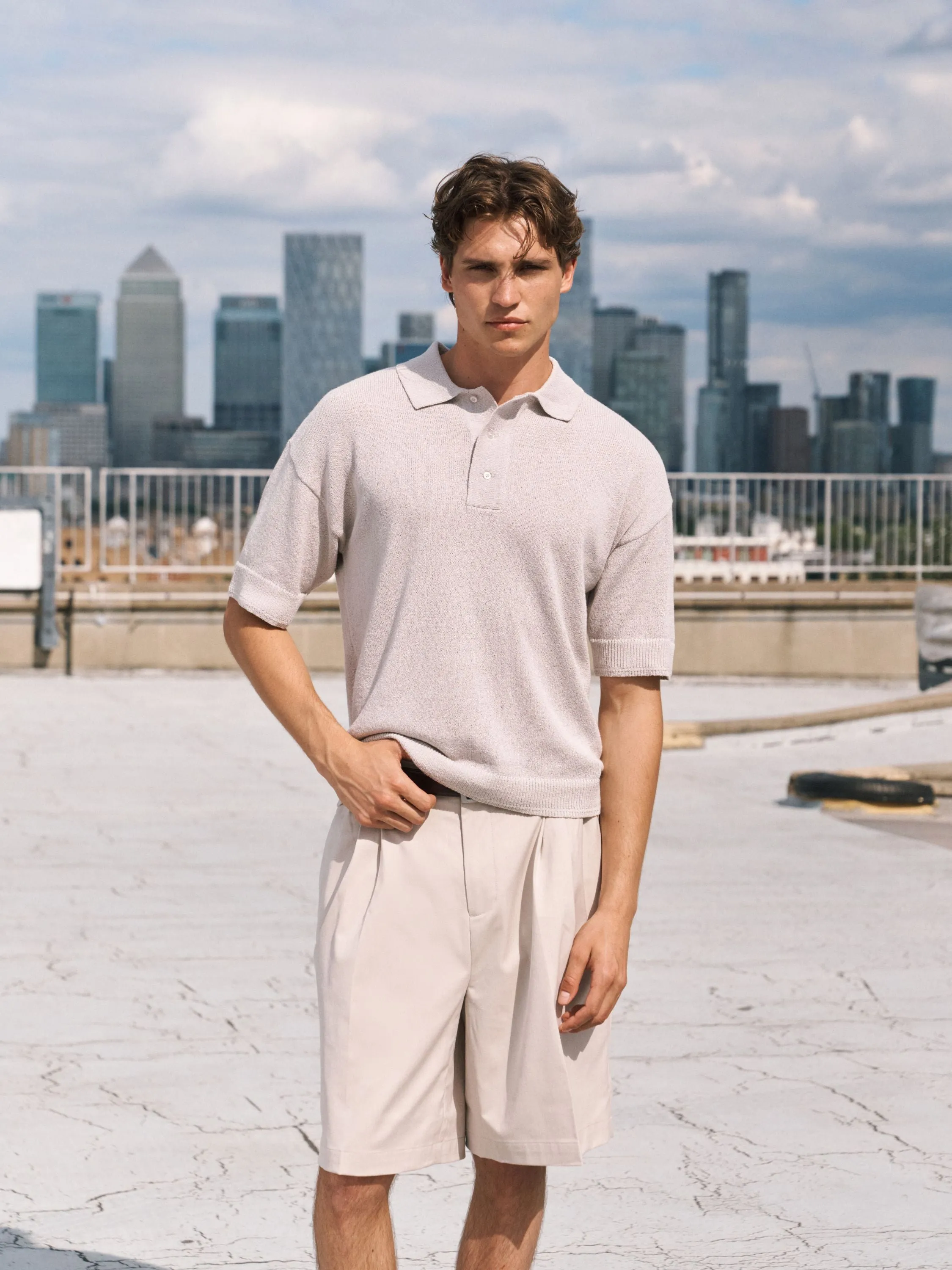 FINE GAUGE KNITTED SHORT SLEEVE POLO - MUSHROOM sold by The Couture Club