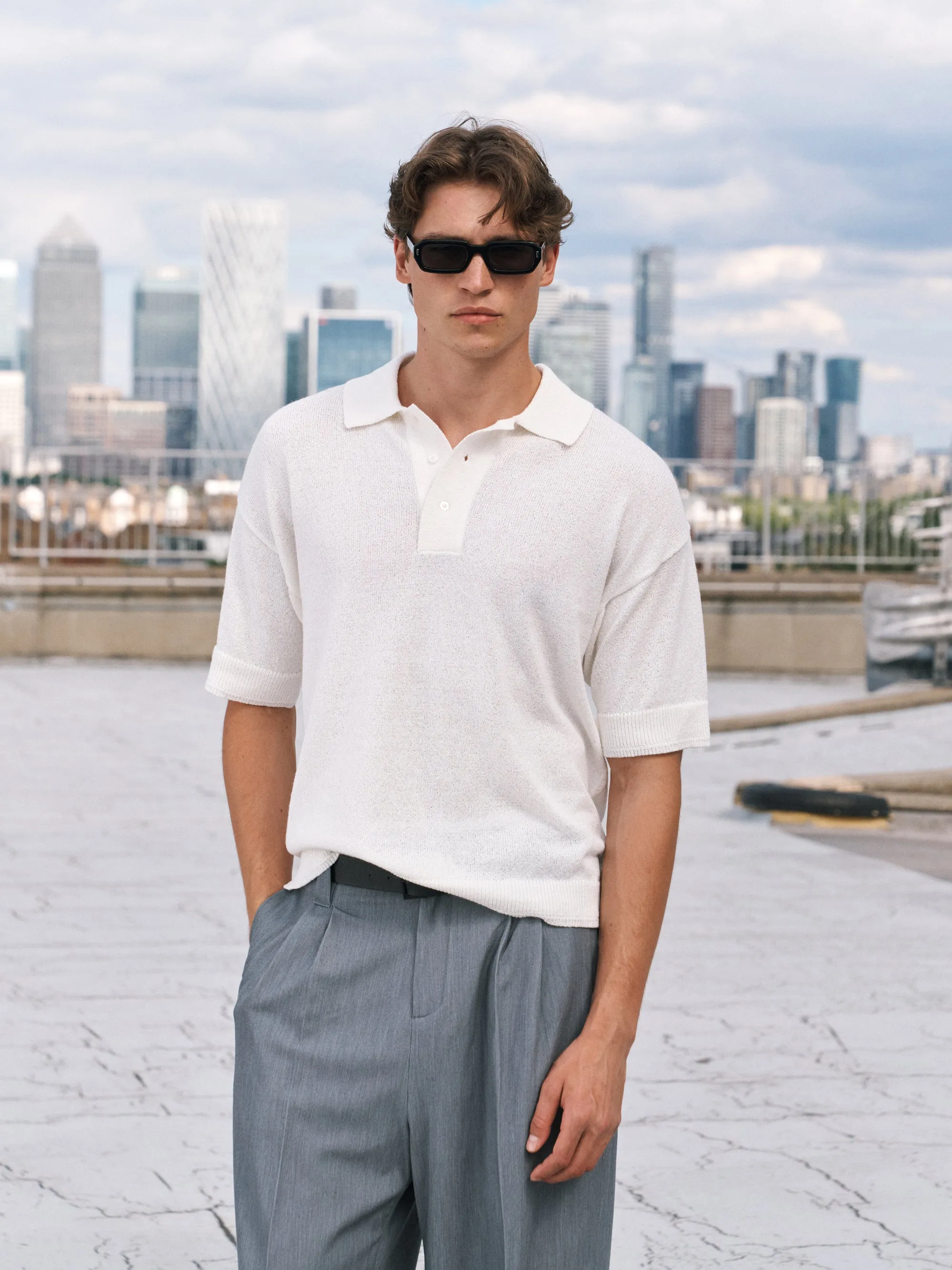 FINE GAUGE KNITTED SHORT SLEEVE POLO - WHITE sold by The Couture Club