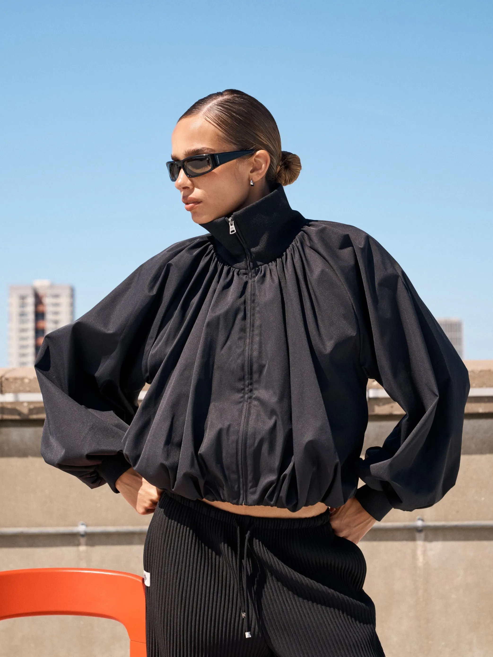 GATHERED BALLOON HEM BOMBER JACKET - BLACK sold by The Couture Club product image thumbnail 2