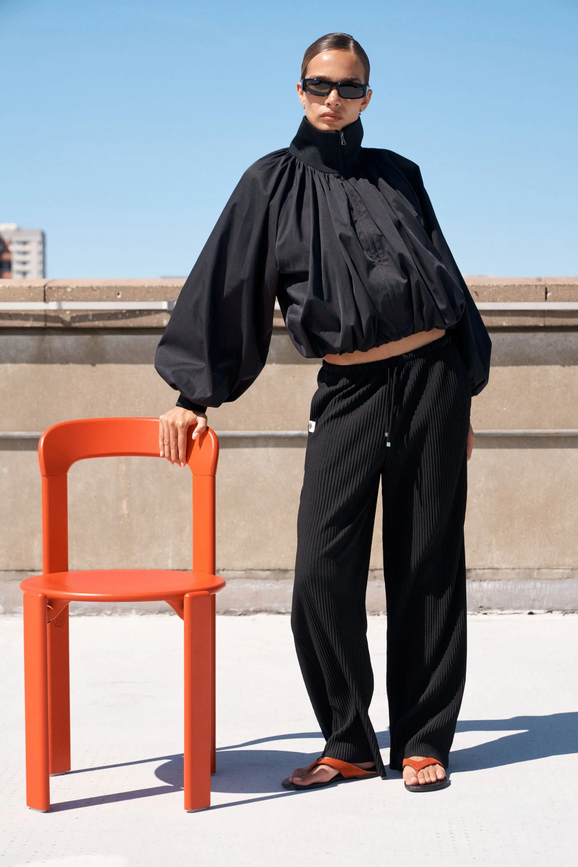 GATHERED BALLOON HEM BOMBER JACKET - BLACK sold by The Couture Club product image thumbnail 3