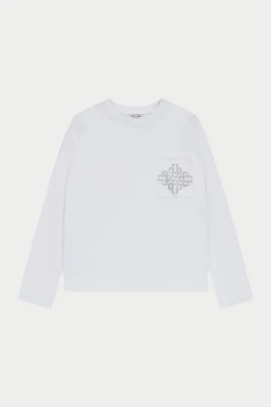 LIGHTWEIGHT LONG SLEEVE EMBLEM POCKET T-SHIRT - WHITE made by The Couture Club