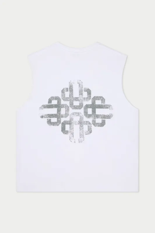 VINTAGE EMBLEM GRAPHIC CUT OFF VEST - WHITE made by The Couture Club