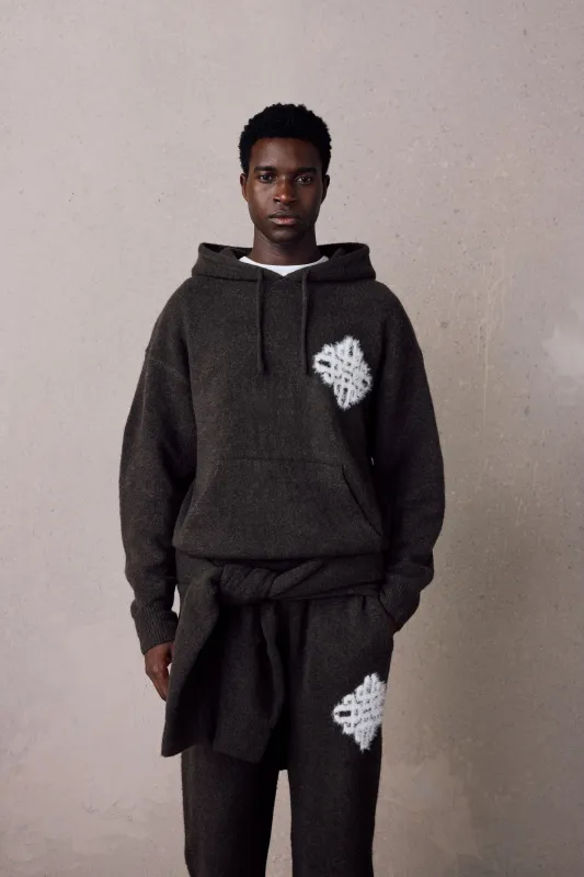 EMBLEM FLUFFY KNIT HOODIE - BROWN made by The Couture Club