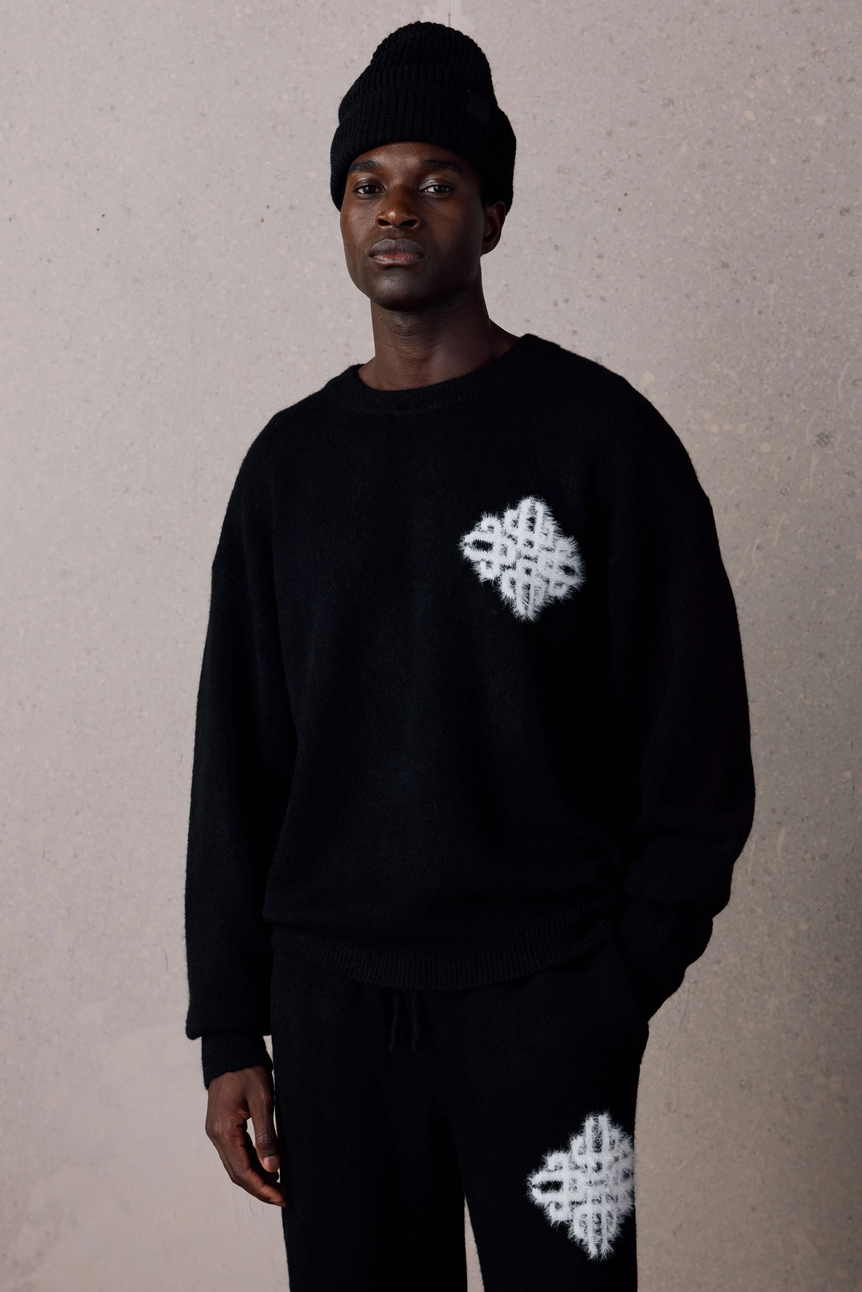 EMBLEM FLUFFY KNIT CREW - BLACK sold by The Couture Club