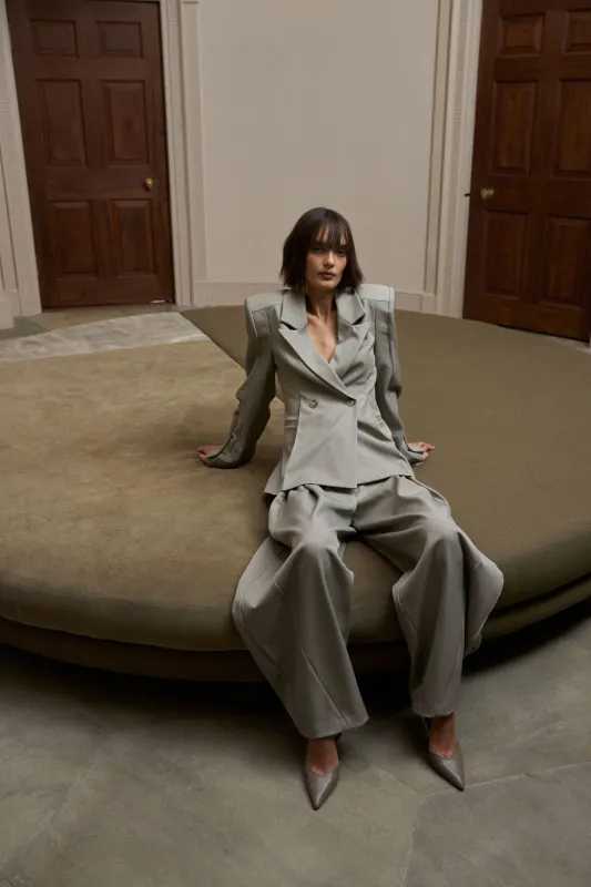 CURVED SLEEVE CINCHED WAIST BLAZER - GREY made by The Couture Club