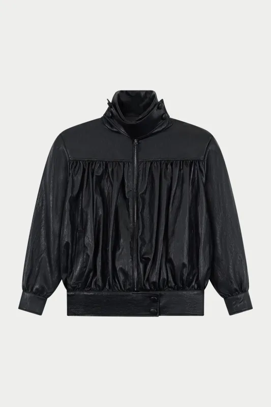 RUCHED FUNNEL NECK FAUX LEATHER JACKET - BLACK made by The Couture Club