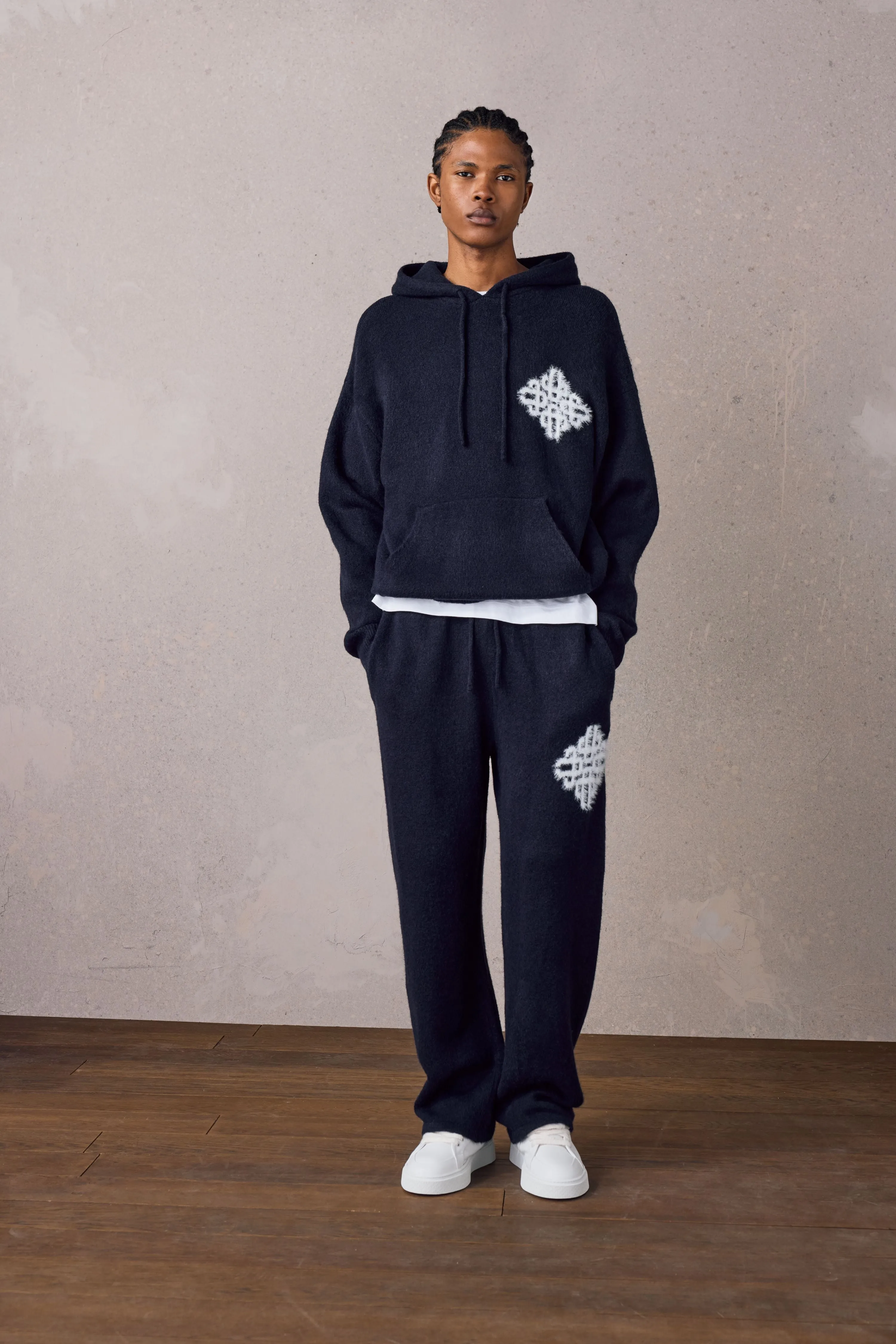 EMBLEM FLUFFY KNIT HOODIE - NAVY sold by The Couture Club