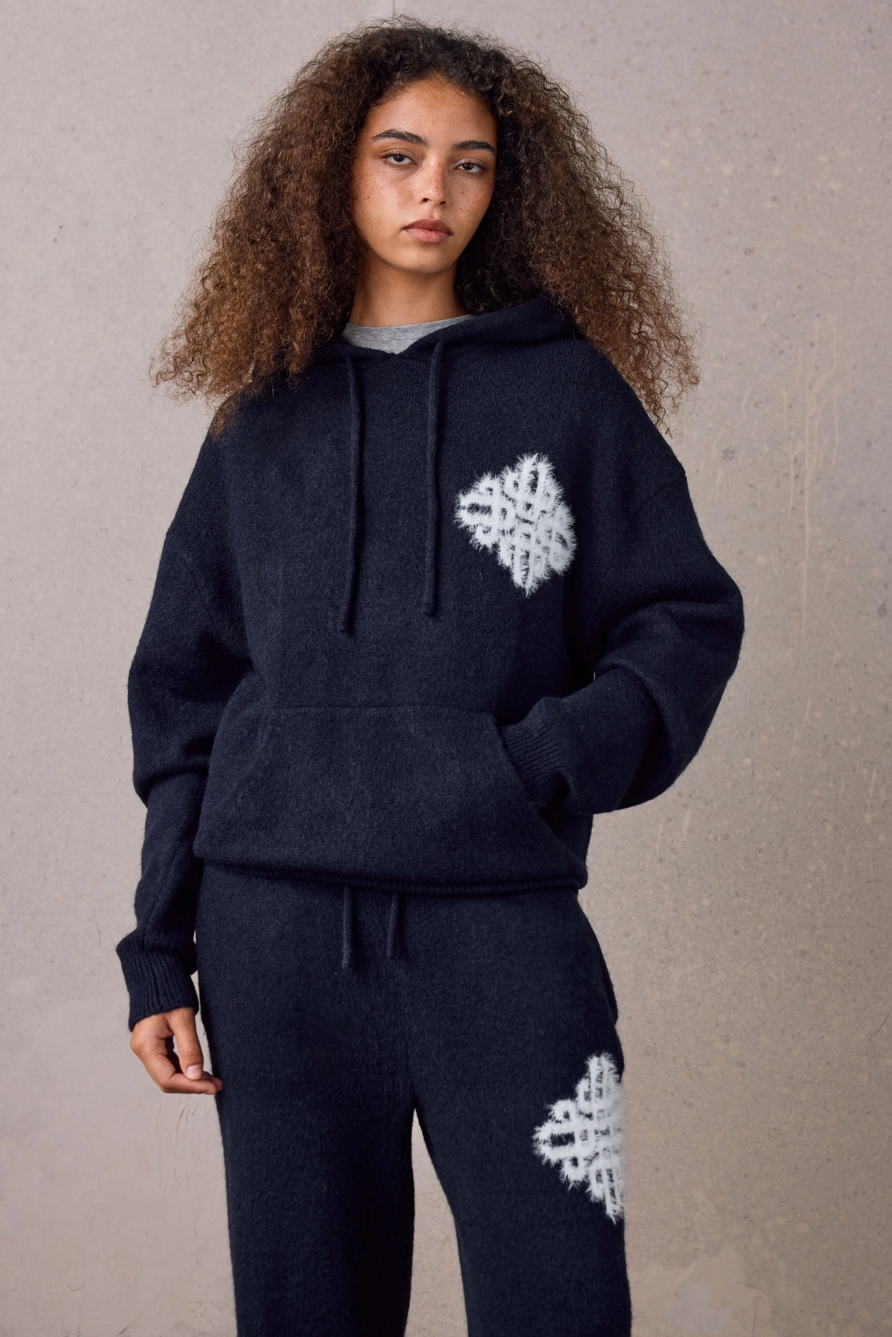 EMBLEM FLUFFY KNIT HOODIE - NAVY sold by The Couture Club product image thumbnail 3