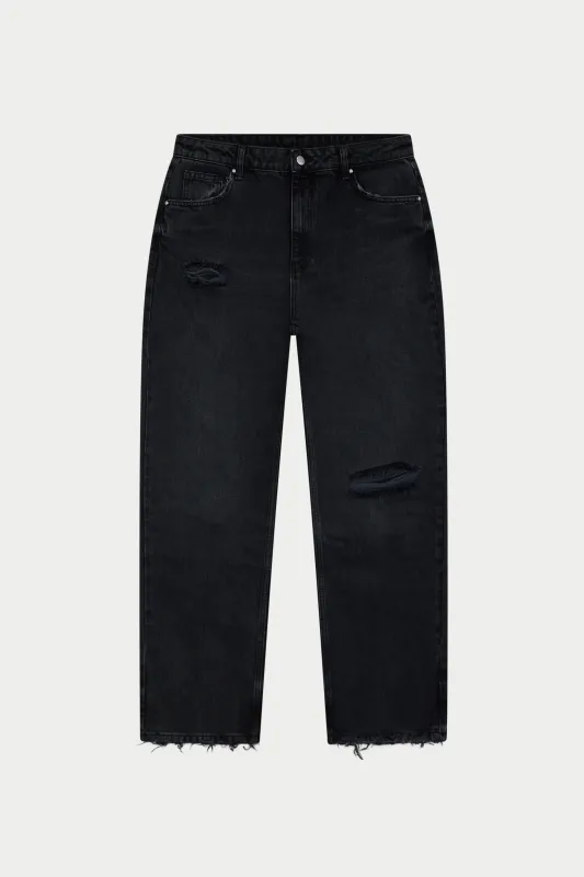 DISTRESSED RELAXED STRAIGHT FIT JEAN - WASHED BLACK made by The Couture Club