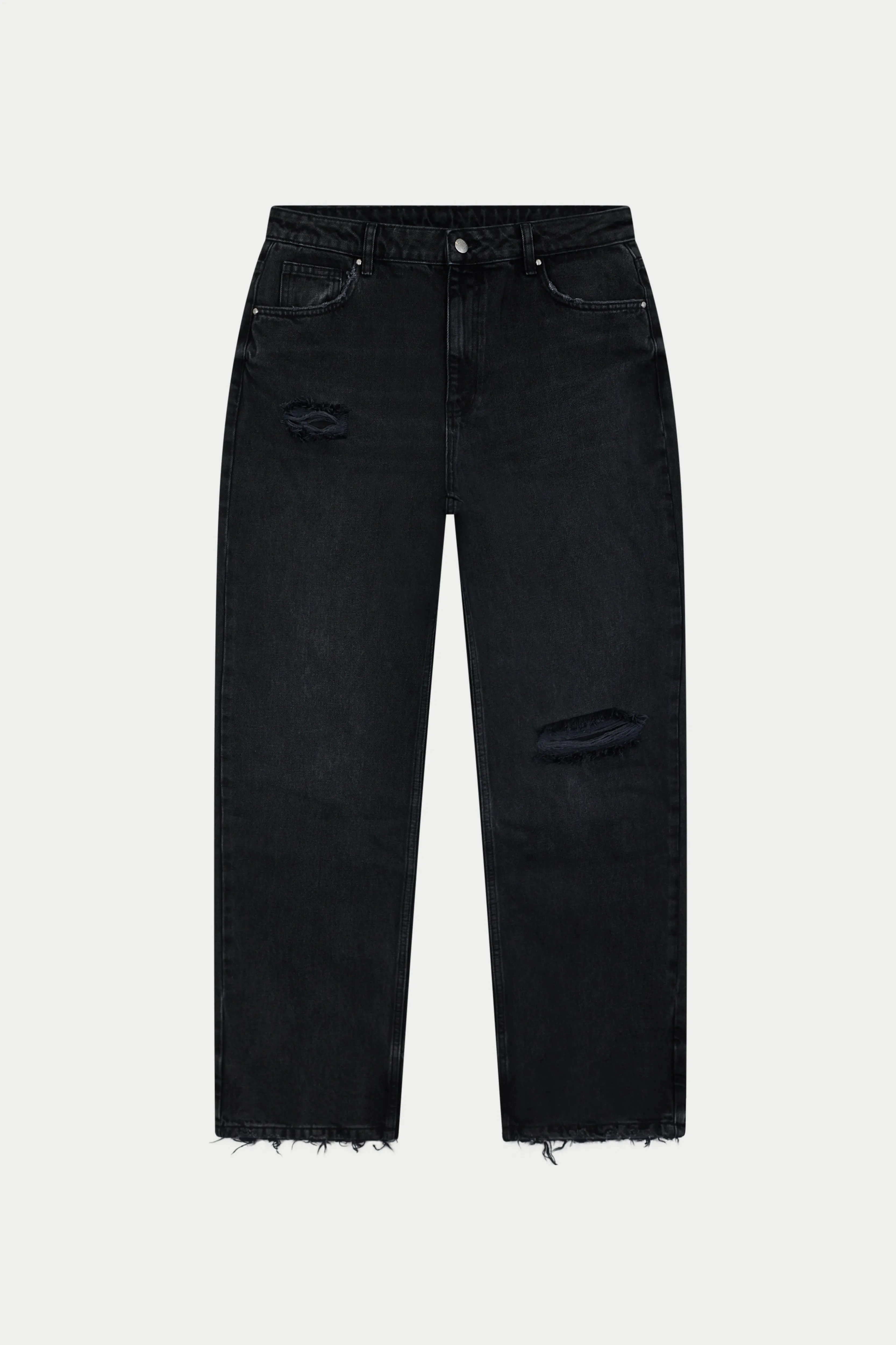 DISTRESSED RELAXED STRAIGHT FIT JEAN - WASHED BLACK sold by The Couture Club