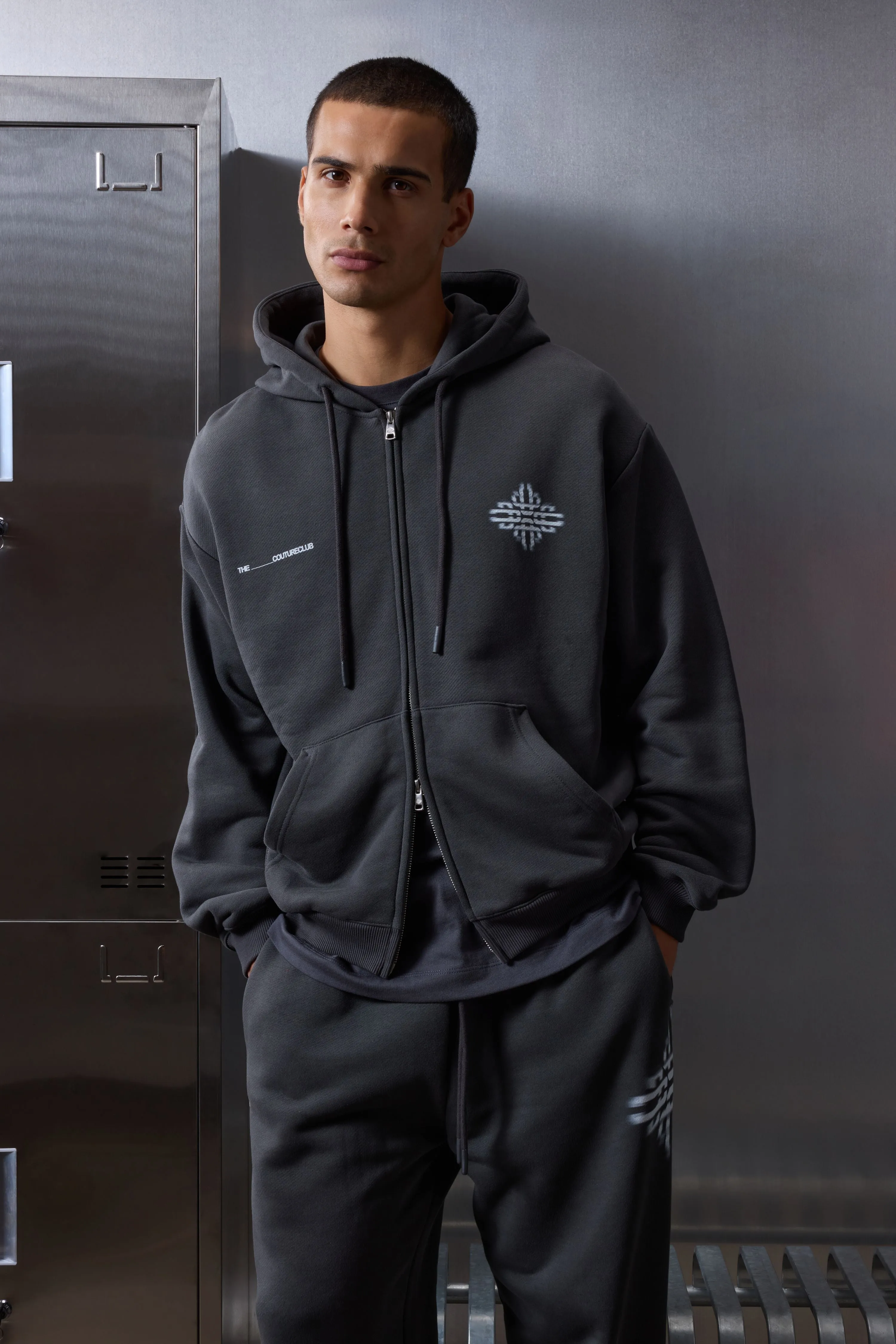 LUXURY IN MOTION GRAPHIC ZIP THROUGH HOODIE - CHARCOAL sold by The Couture Club product image thumbnail 4