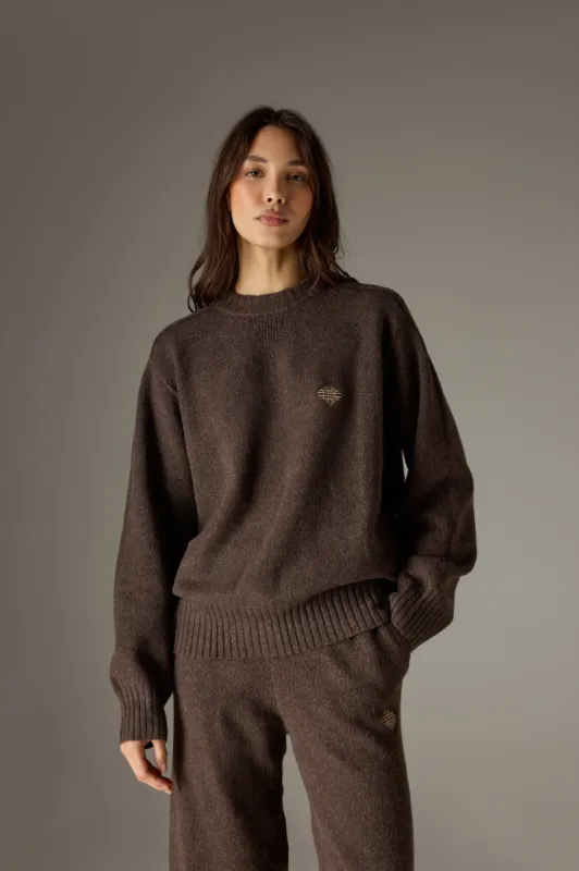 FLUFFY KNIT EMBLEM EMBROIDERED CREW - BROWN sold by The Couture Club