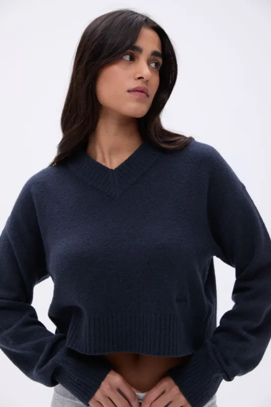 V Neck Knit Sweatshirt - Deep Midnight Blue sold by Adanola
