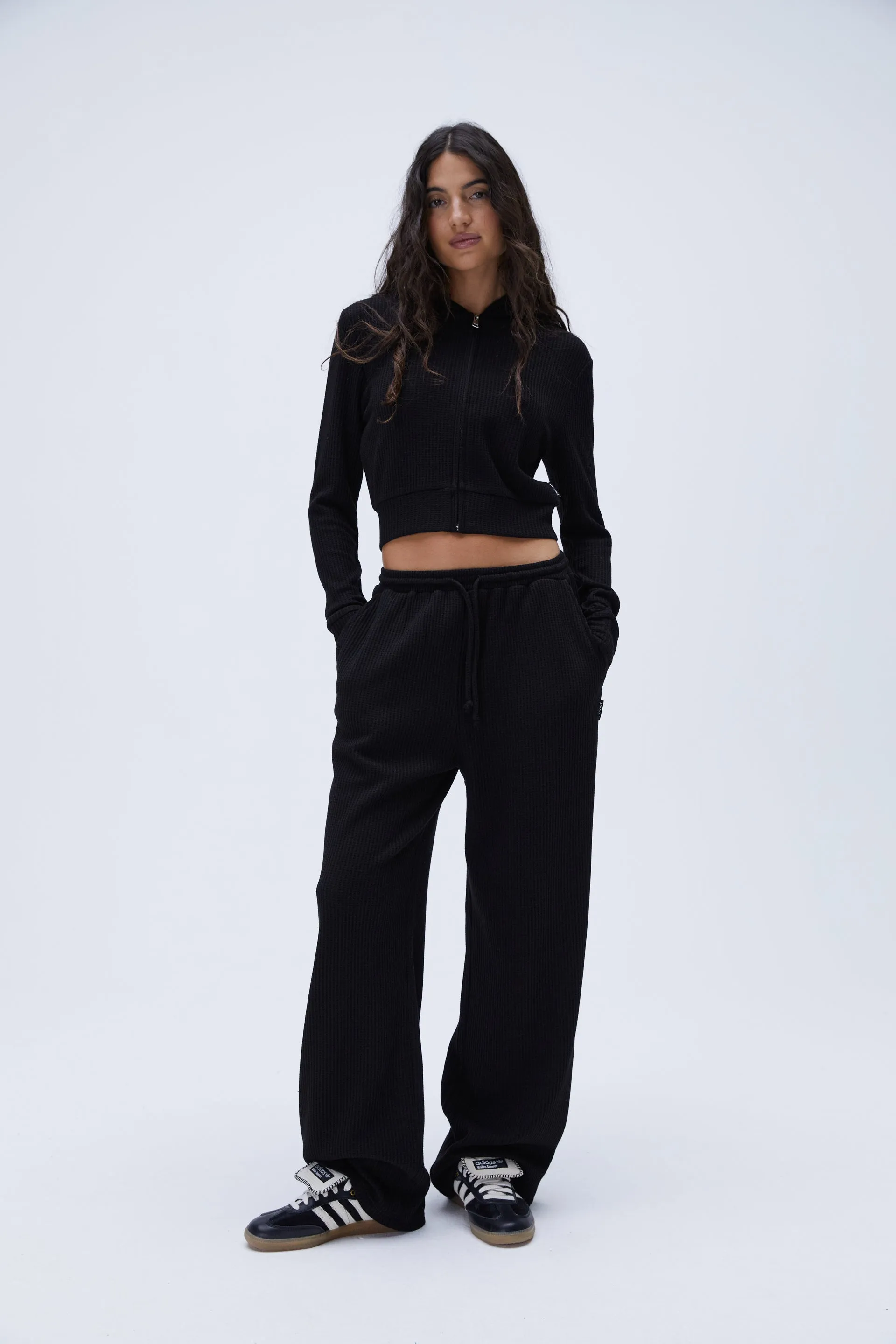 【ADANOLA】Waffle Straight Leg Pants Adanola Women's Waffle Straight Leg Lounge Pants in Black