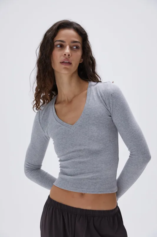 Rib V-Neck Long Sleeve Top - Grey Melange sold by Adanola