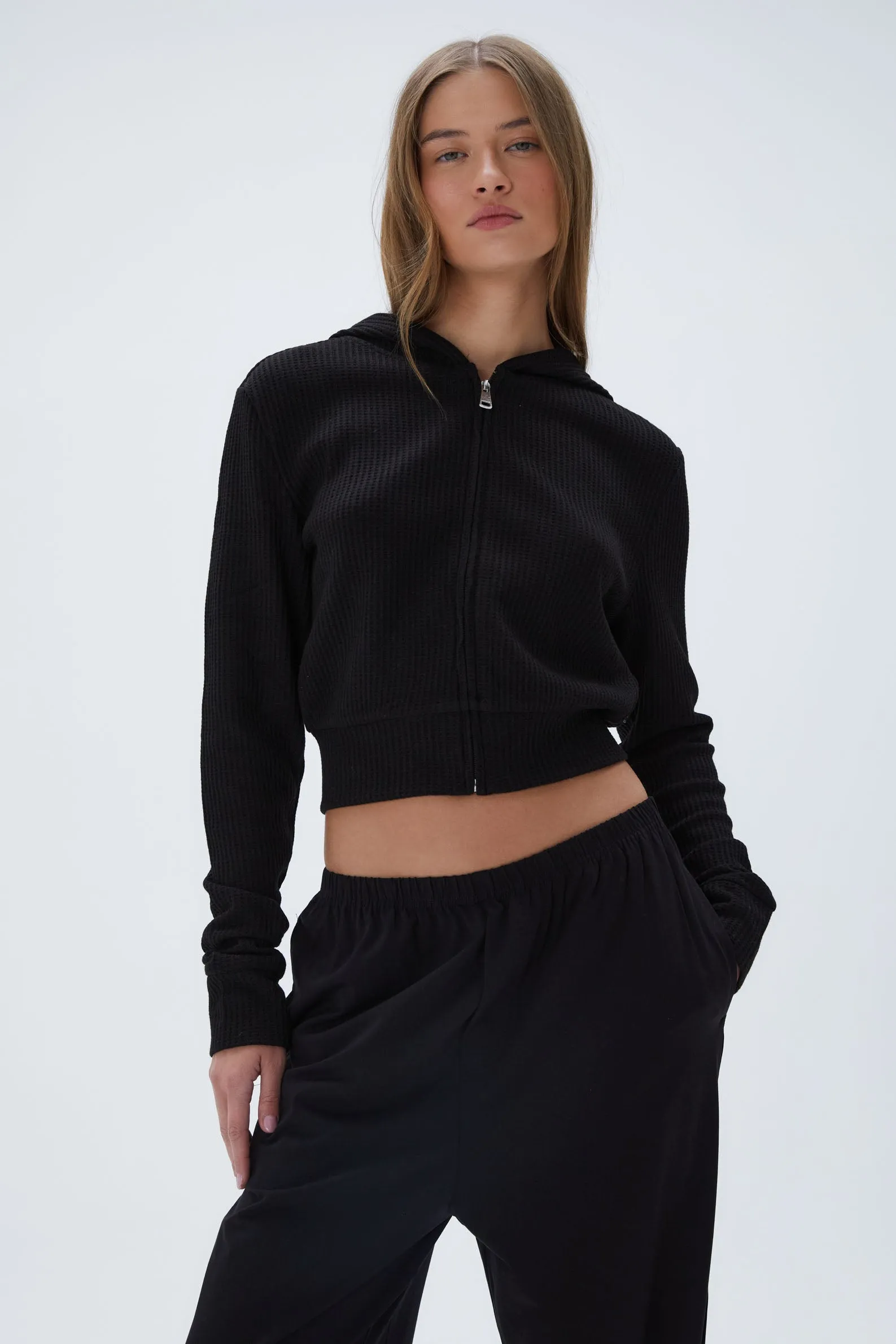 Waffle Zip Up Hoodie - Black sold by Adanola