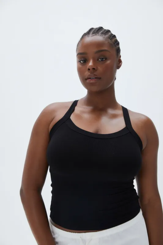 Rib Wide Binding Vest Top - Black sold by Adanola
