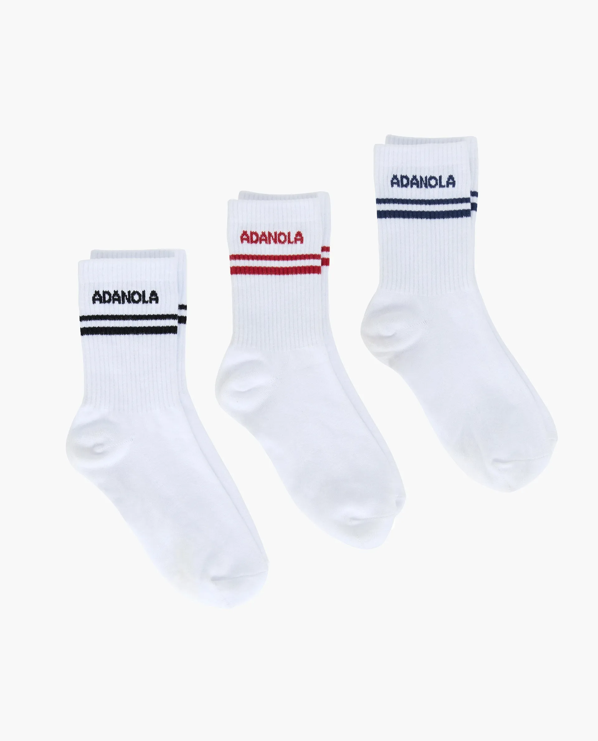 3 Pack College Socks - White/Black, White/Classic Red, White/Navy Blue sold by Adanola