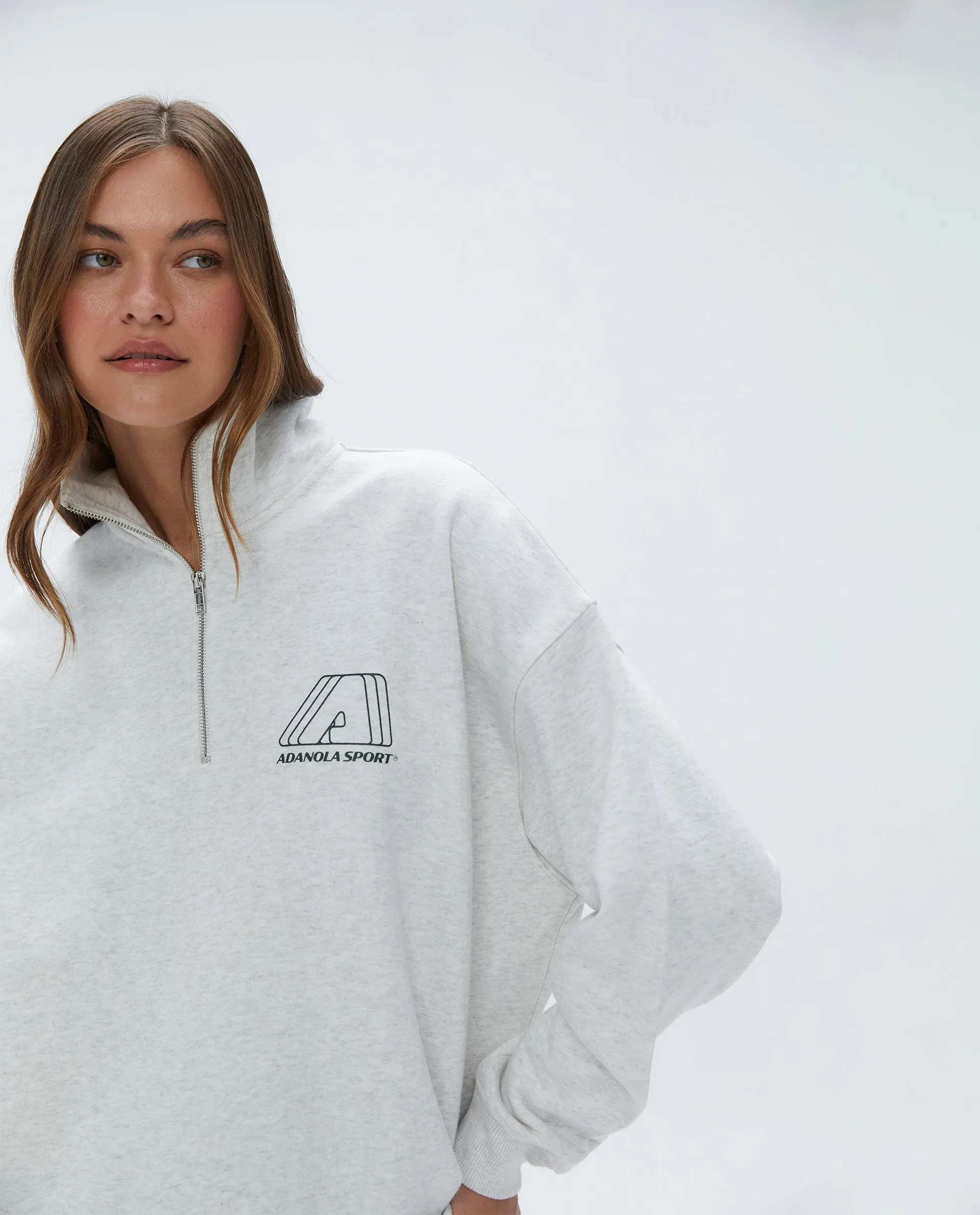 "A" Oversized Funnel Neck Zip Sweatshirt - Light Grey Melange/Dark Olive sold by Adanola product image thumbnail 2