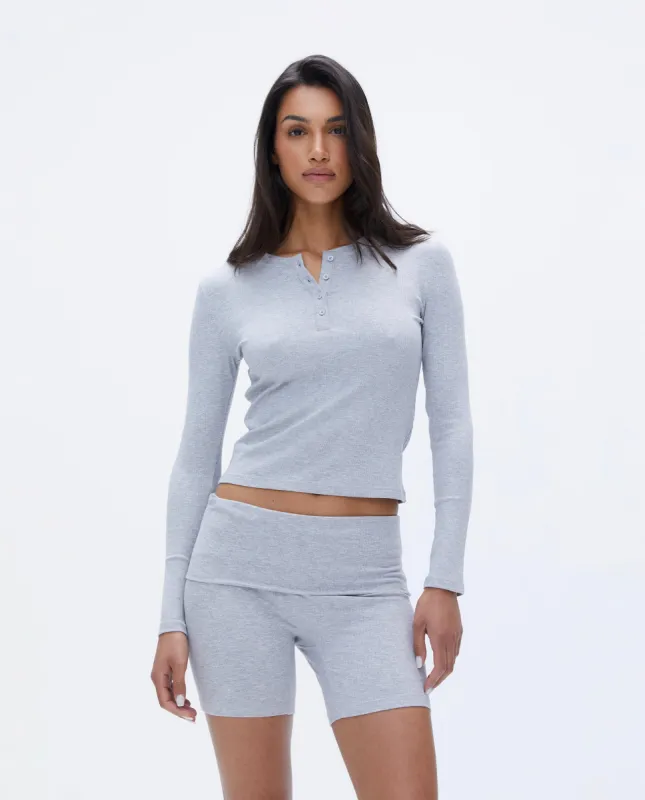 Rib Long Sleeve Button Up Top - Grey Melange sold by Adanola
