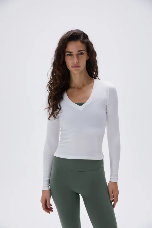 Rib V-Neck Long Sleeve Top - White sold by Adanola