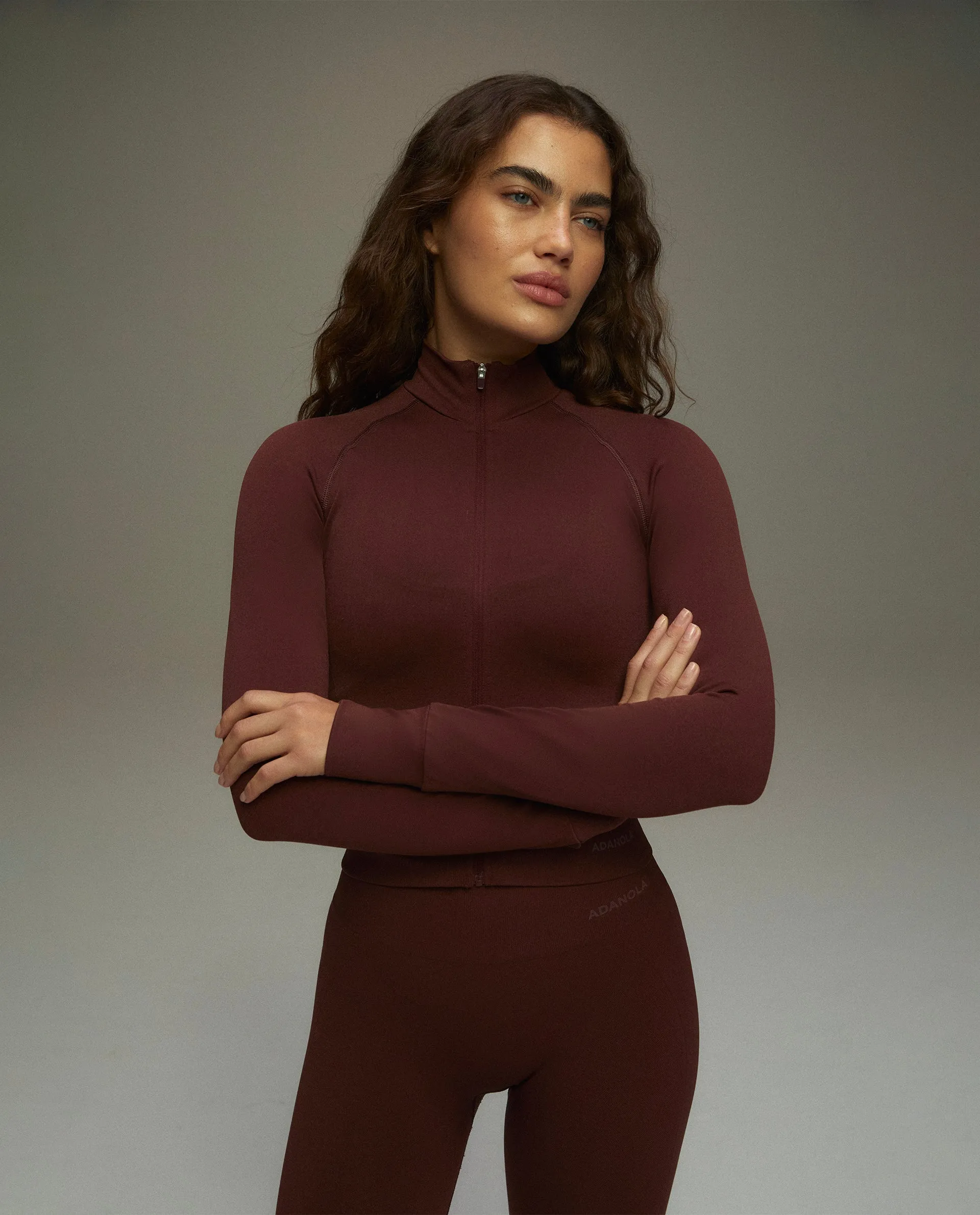 Seamless Long Sleeve Full Zip Top - Burgundy sold by Adanola
