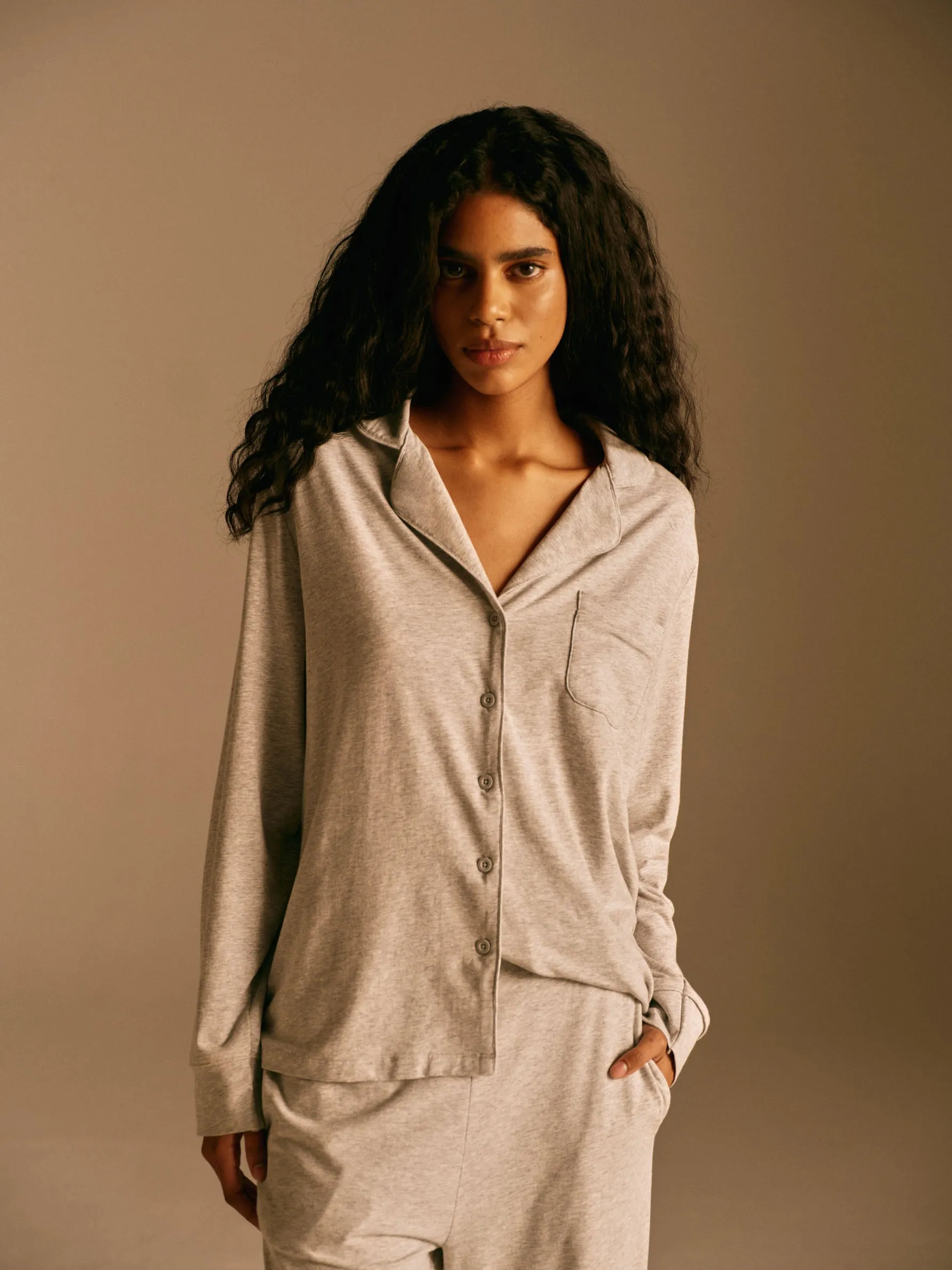 Modal Pyjama Shirt - Light Grey Melange sold by Adanola