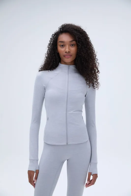 Brushed Long Sleeve Mock Neck Zip Up Top - Light Grey Melange sold by Adanola
