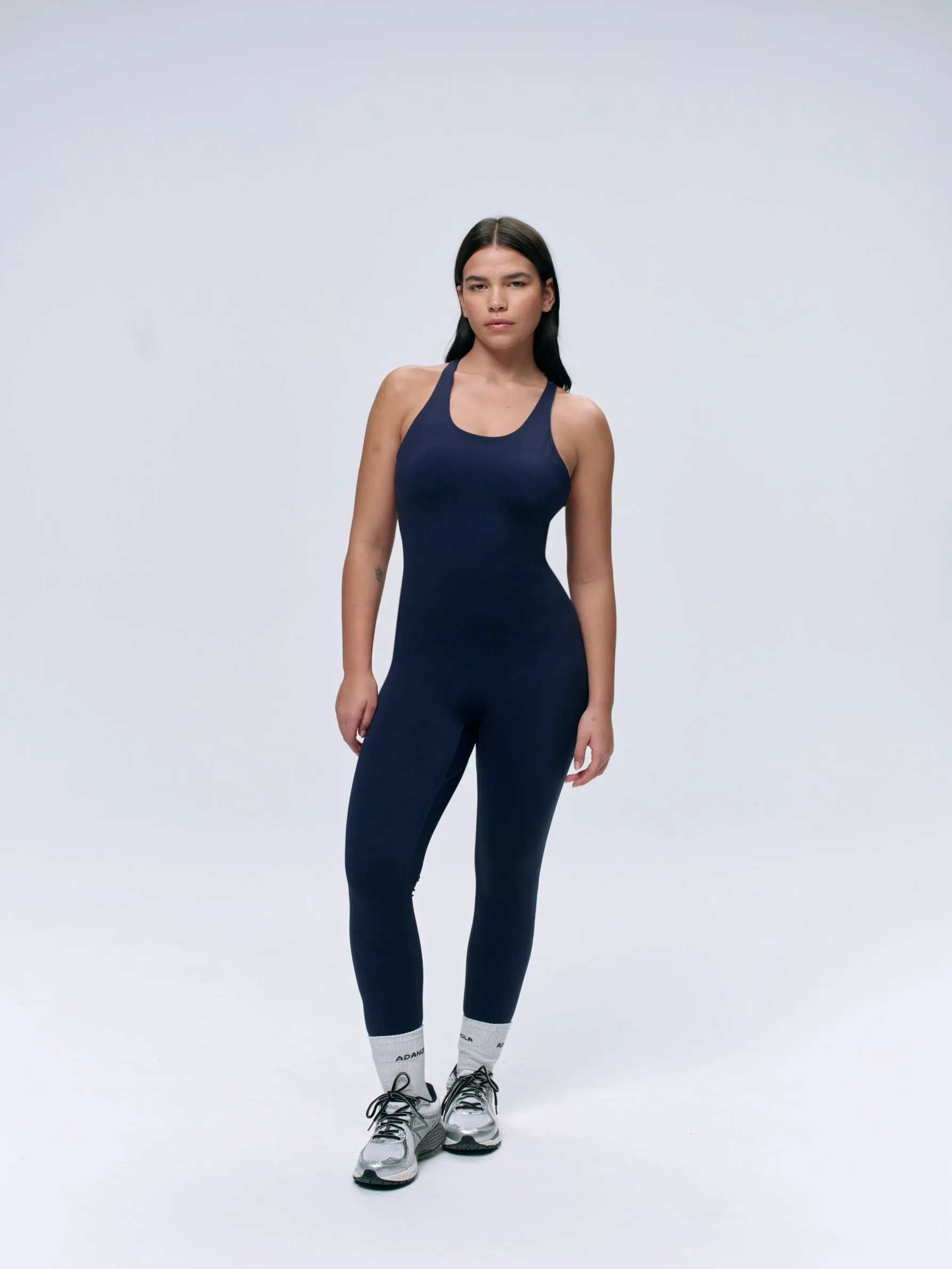 Strappy Open Back Unitard - Navy Blue sold by Adanola