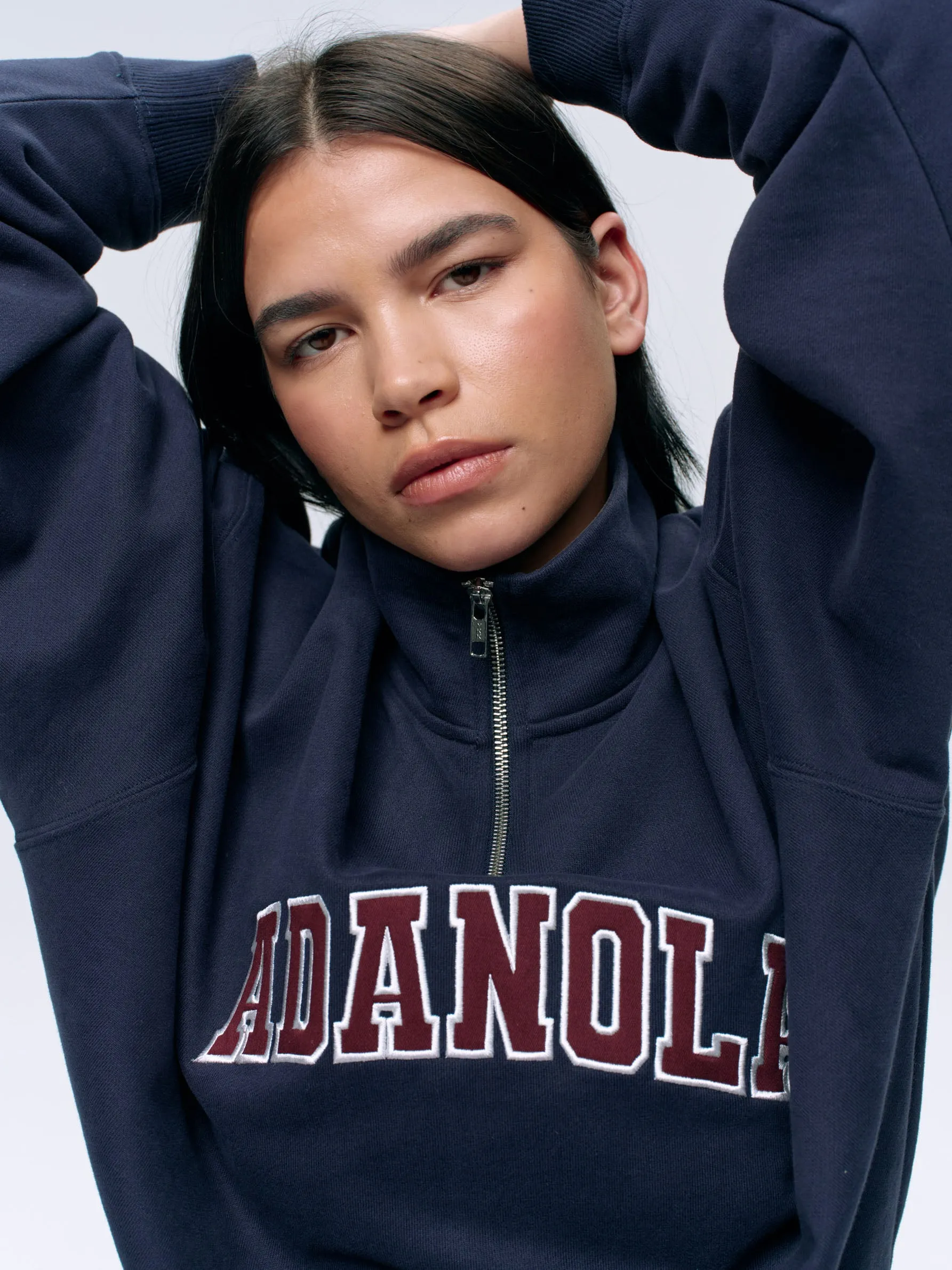 Varsity Relaxed Funnel Neck Zip Sweatshirt - Navy Blue/Burgundy sold by Adanola product image thumbnail 4