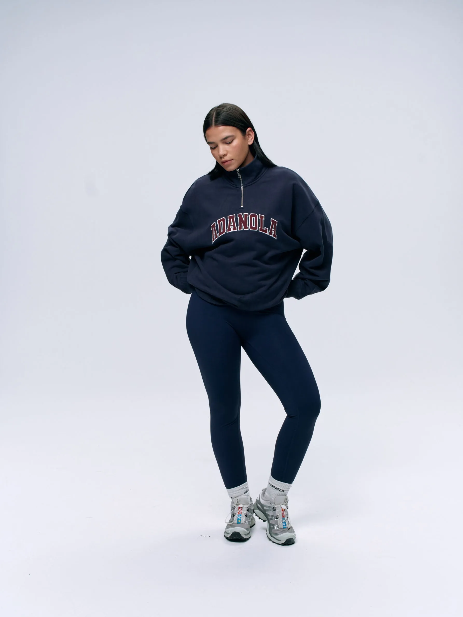 Varsity Relaxed Funnel Neck Zip Sweatshirt - Navy Blue/Burgundy sold by Adanola product image thumbnail 2