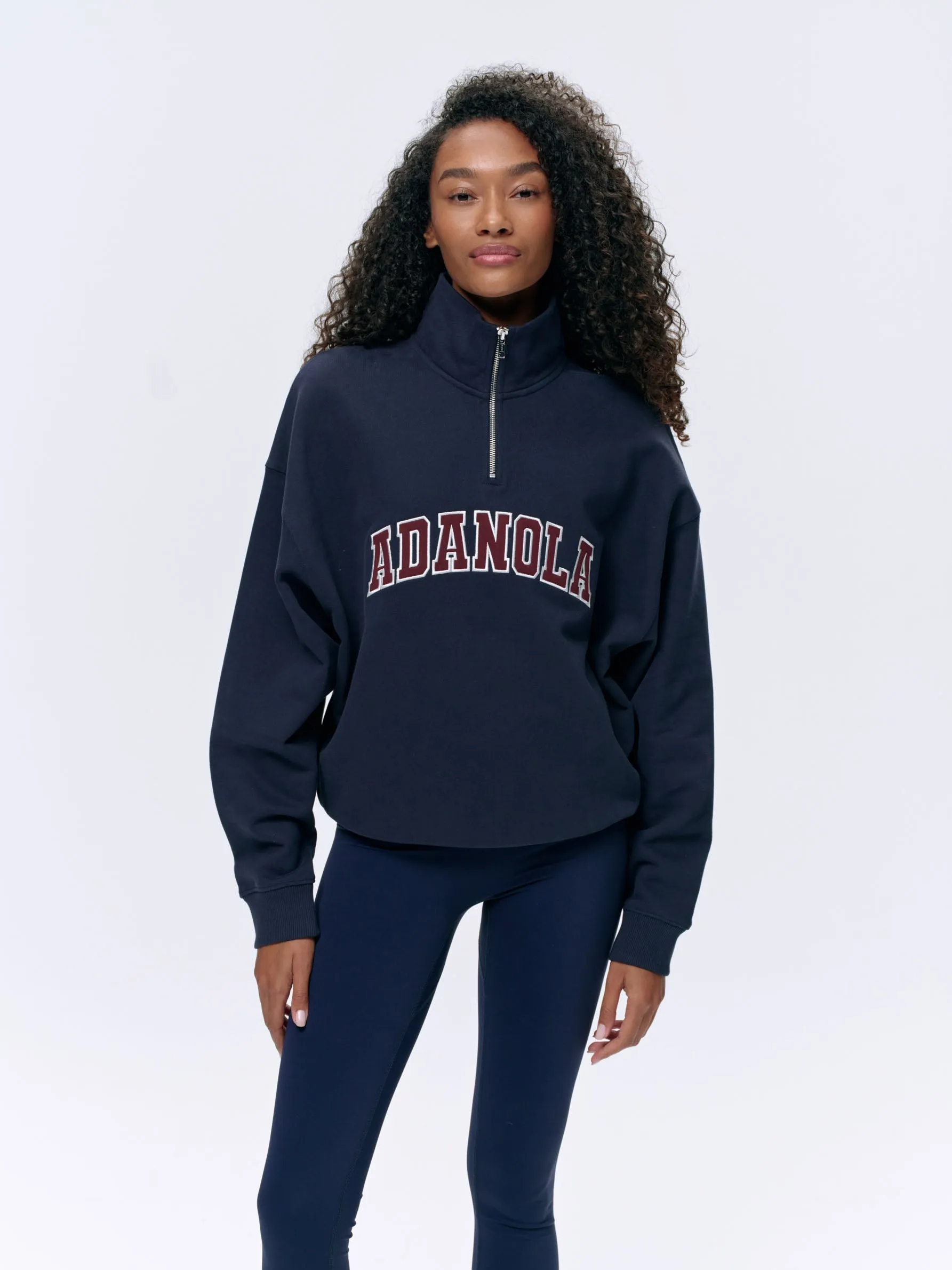Varsity Relaxed Funnel Neck Zip Sweatshirt - Navy Blue/Burgundy sold by Adanola product image thumbnail 5