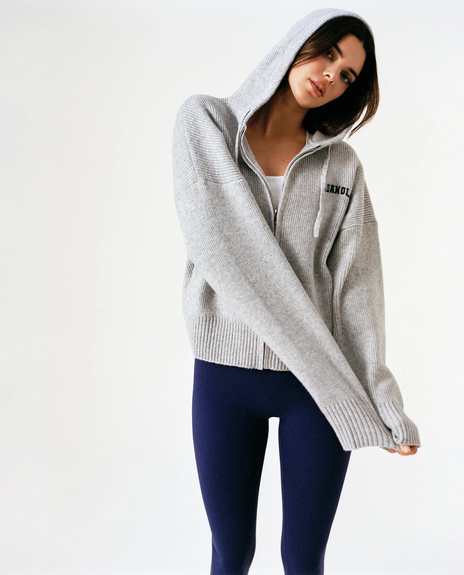 Varsity Hooded Knit Bomber Jacket - Light Grey Melange sold by Adanola