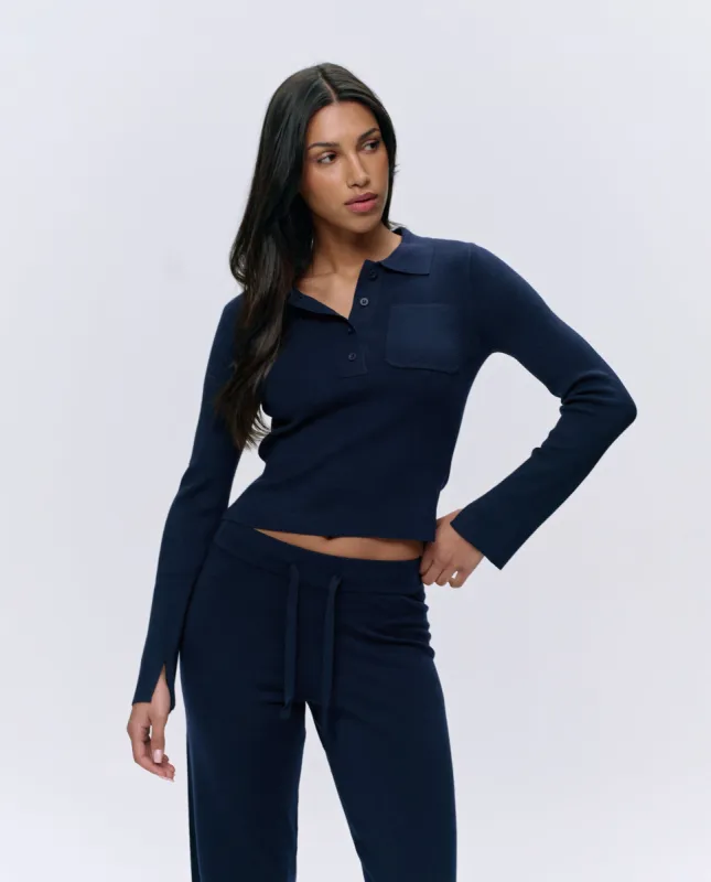 Knit Long Sleeve Button Up Top - Navy Blue sold by Adanola