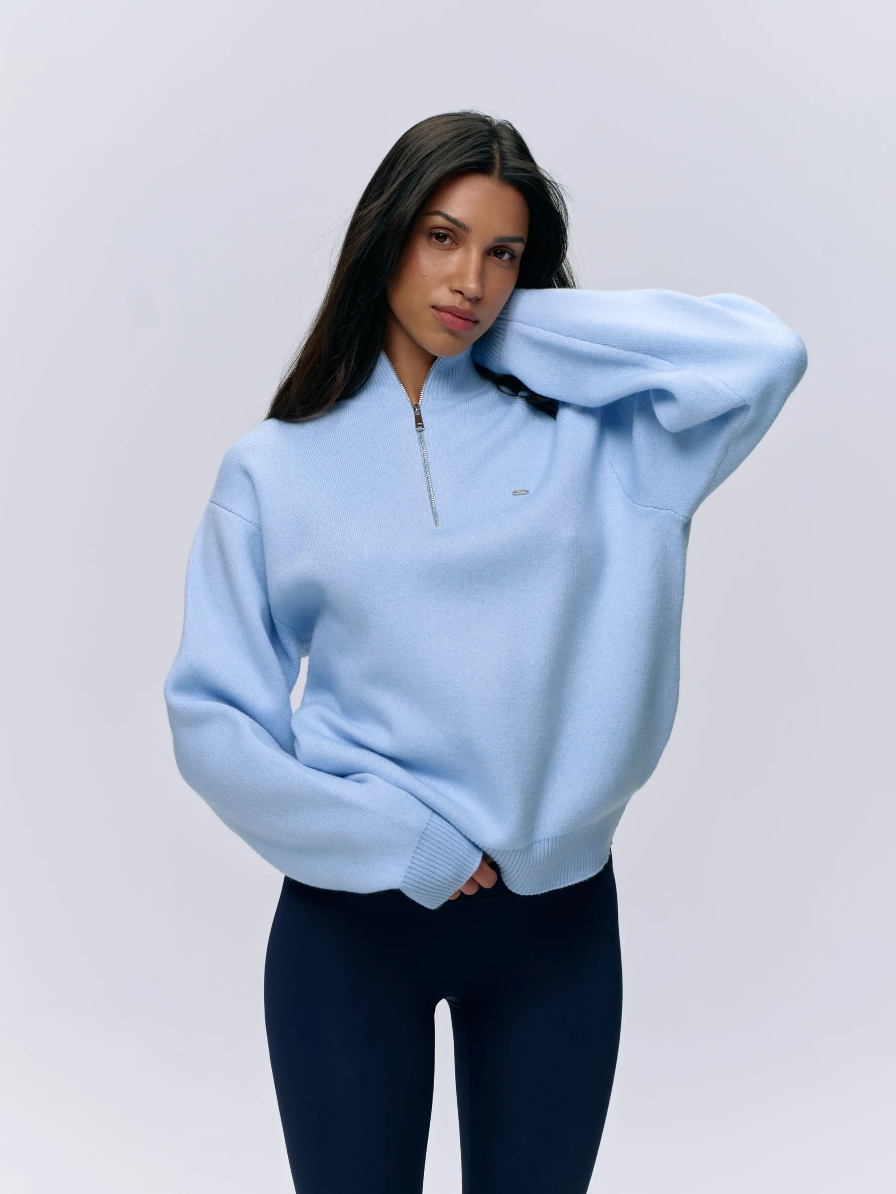 Knit Oversized Funnel Neck Zip Sweatshirt - Powder Blue sold by Adanola product image thumbnail 4