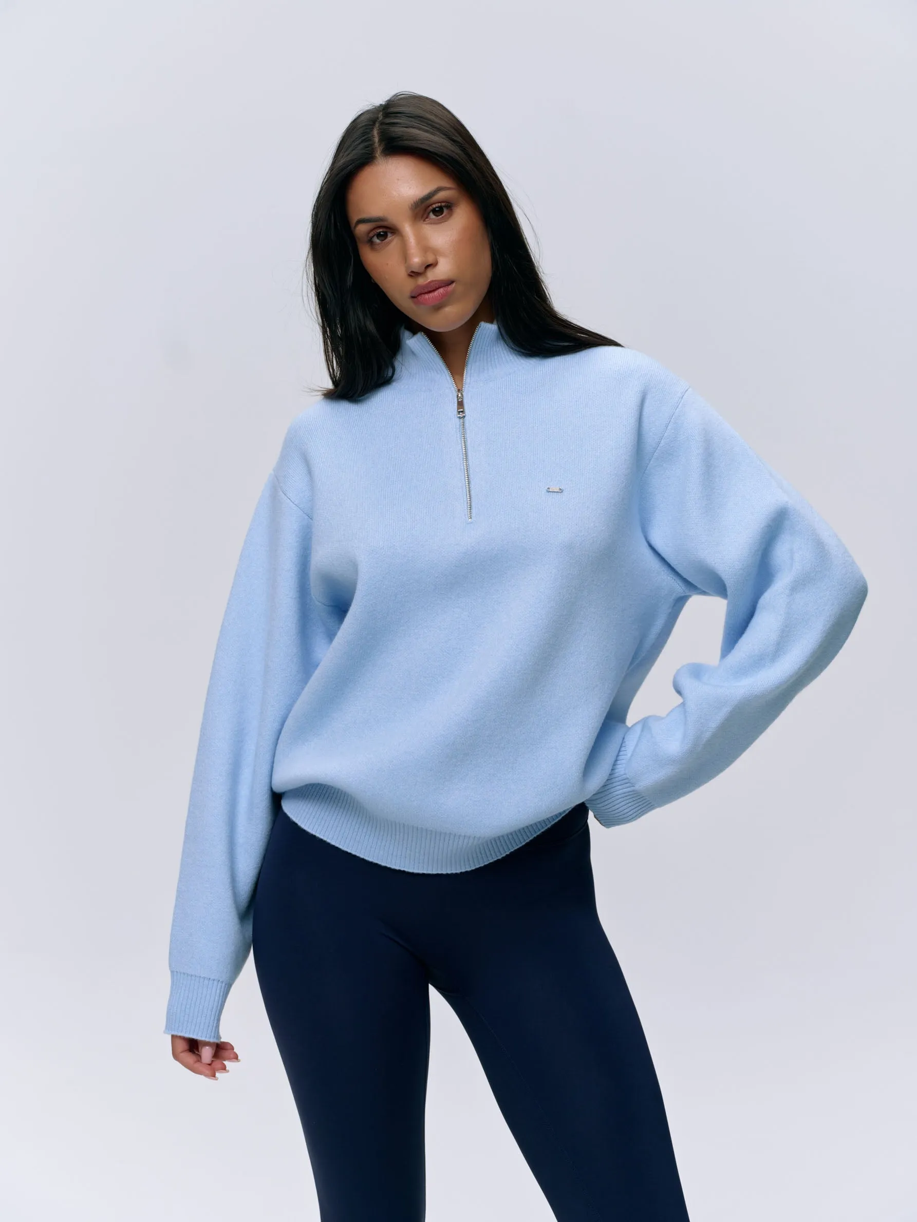 Knit Oversized Funnel Neck Zip Sweatshirt - Powder Blue sold by Adanola