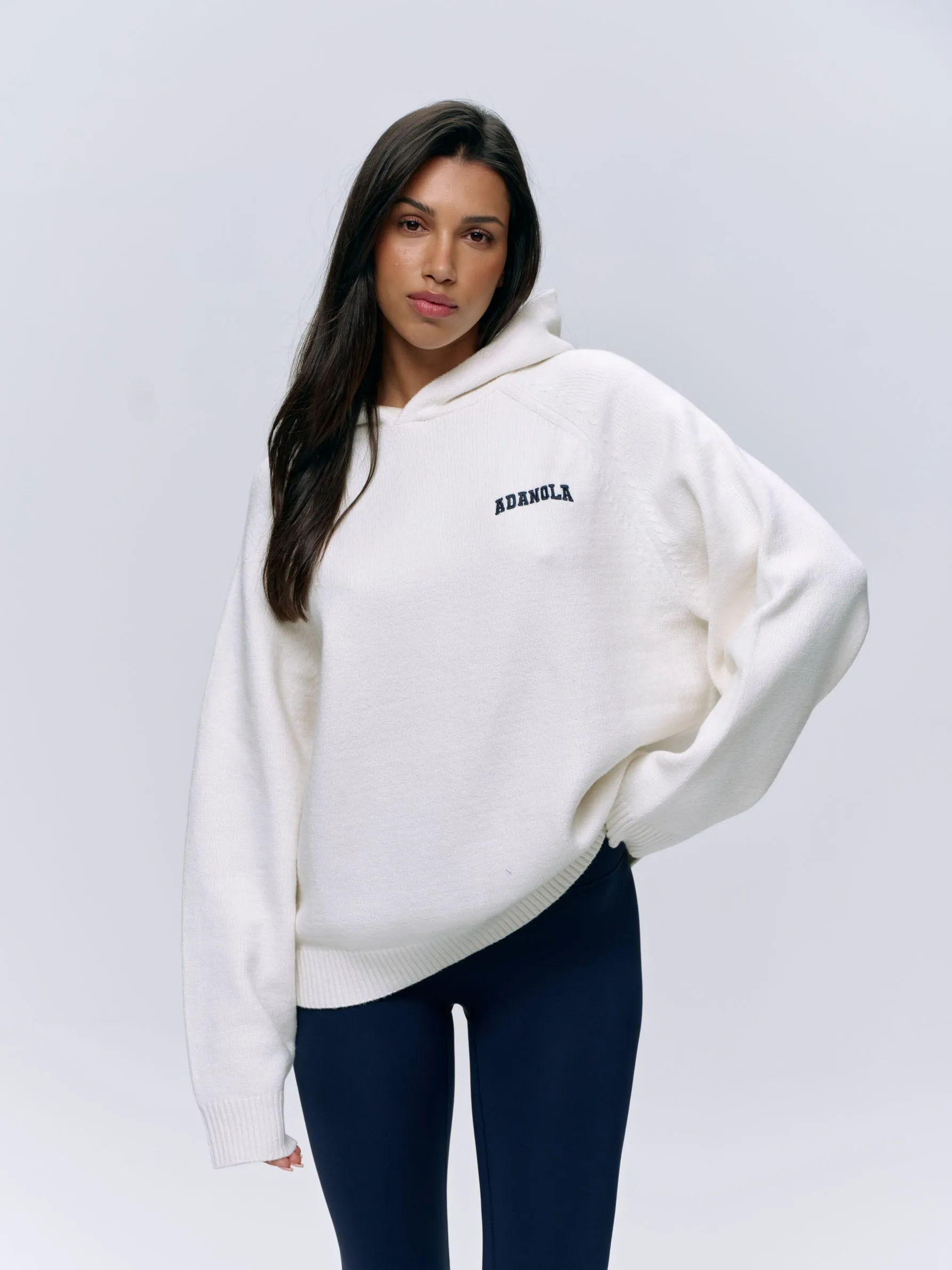 Varsity Oversized Knit Hoodie - Cream/Navy Blue sold by Adanola