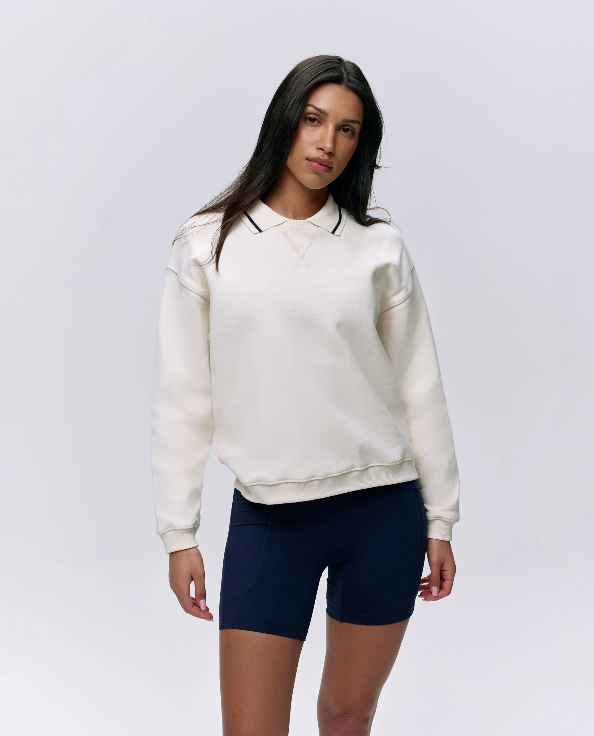 Collared Sweatshirt - Marshmallow White/Navy Blue sold by Adanola