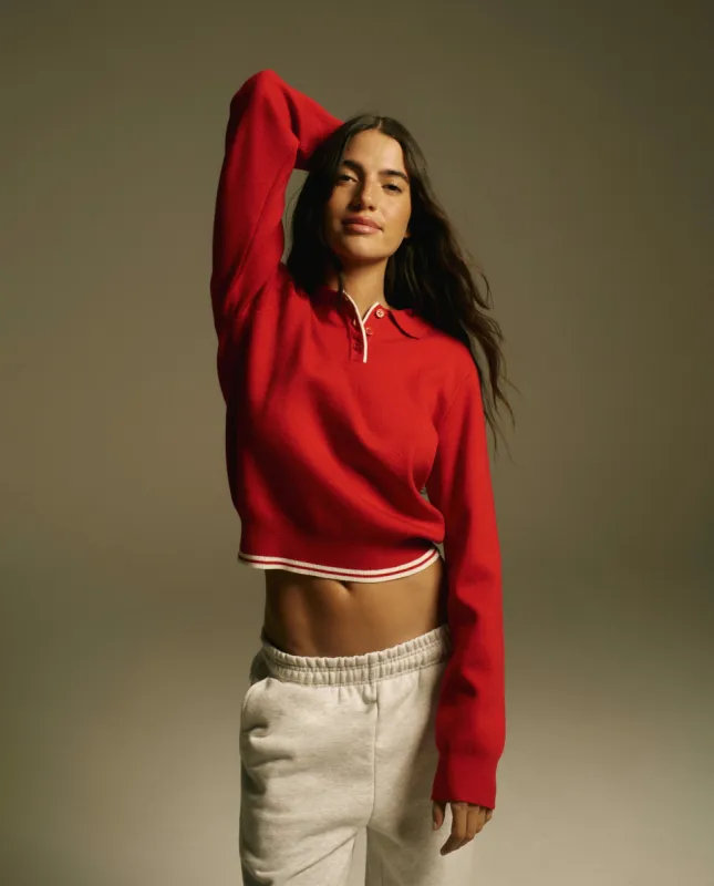 Collar Button Up Knit Crop Sweatshirt - Classic Red sold by Adanola