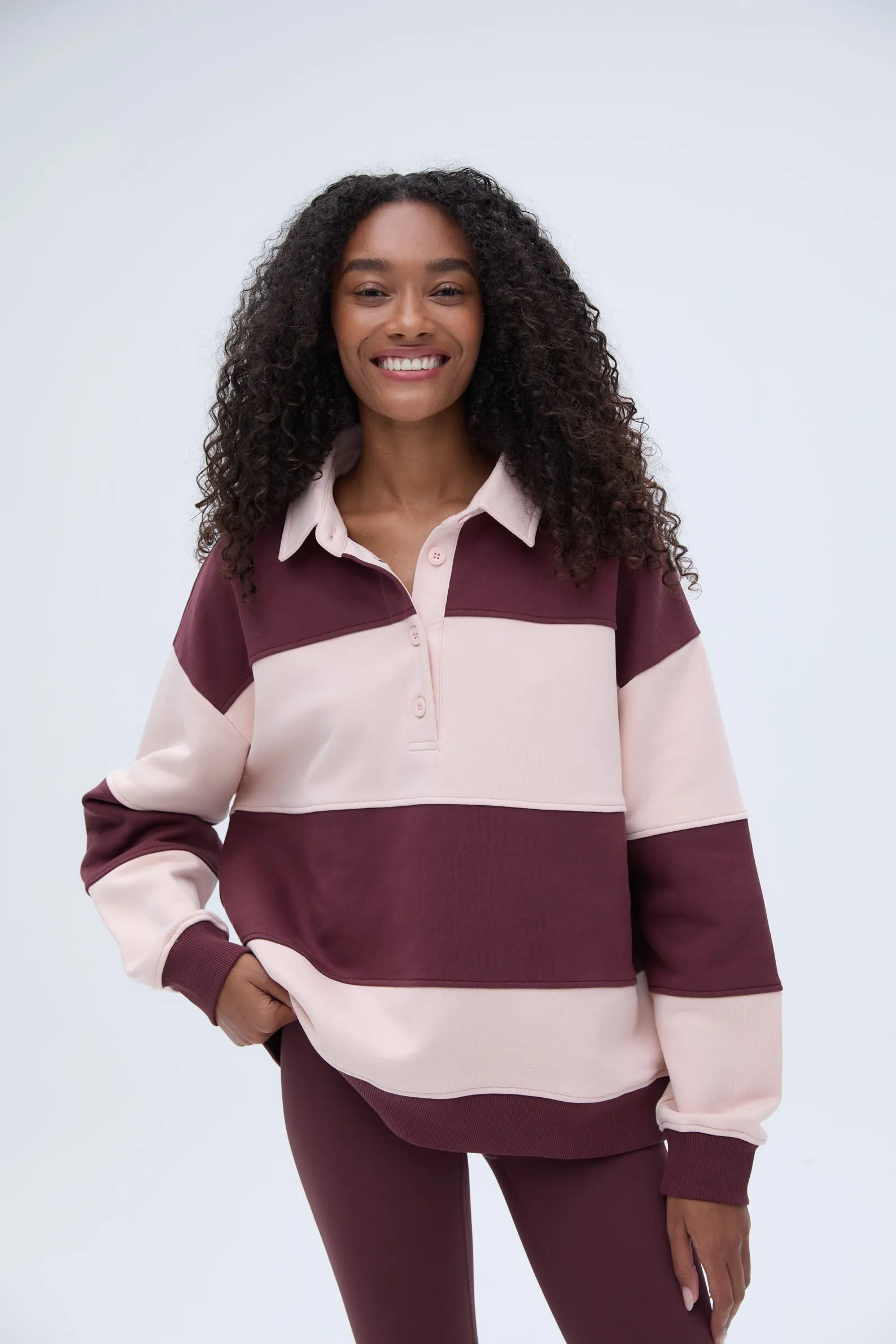 Stripe Oversized Henley Sweatshirt - Burgundy/Blush Pink sold by Adanola