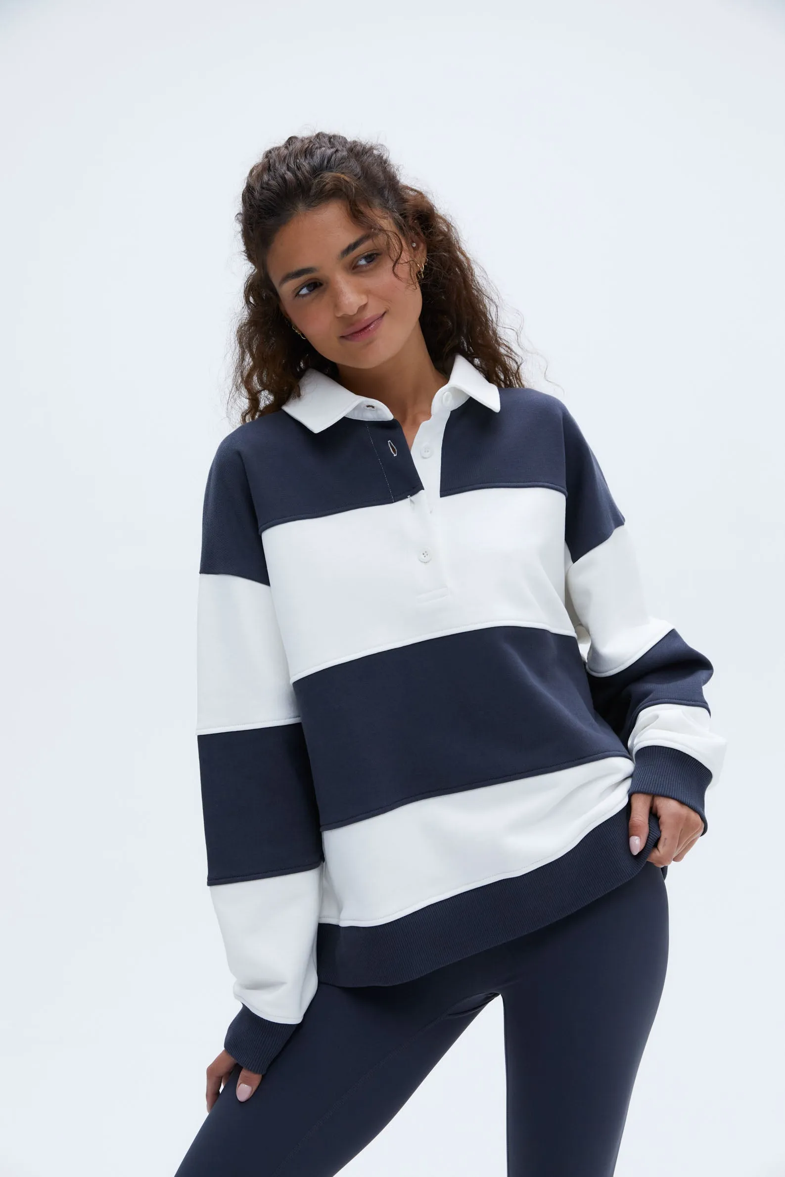 Stripe Oversized Henley Sweatshirt - Midnight Blue/Marshmallow White sold by Adanola product image thumbnail 4