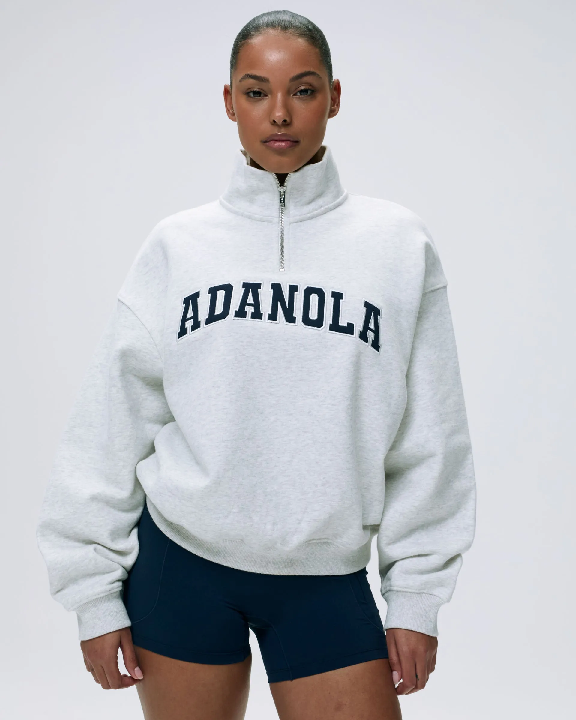 Varsity Relaxed Funnel Neck Zip Sweatshirt - Light Grey Melange/Navy Blue sold by Adanola