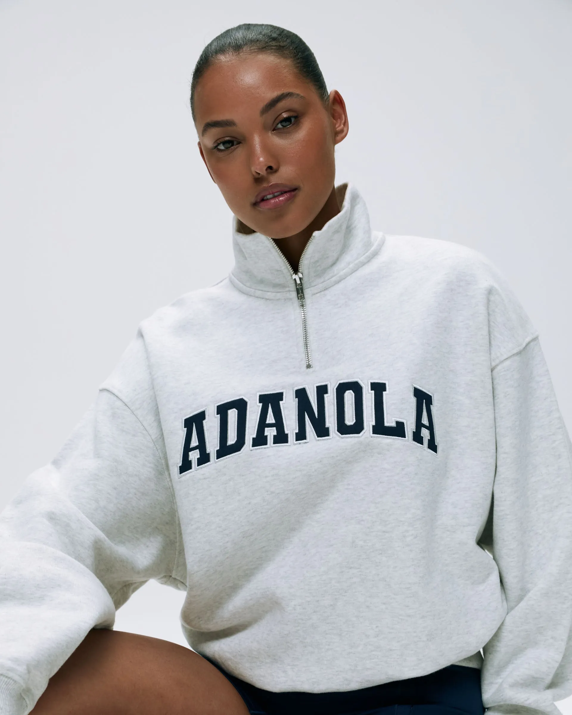 Varsity Relaxed Funnel Neck Zip Sweatshirt - Light Grey Melange/Navy Blue sold by Adanola product image thumbnail 3