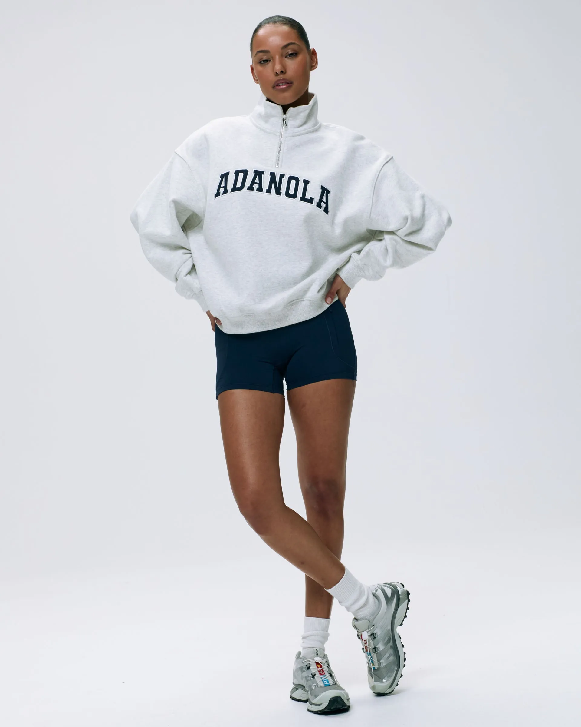 Varsity Relaxed Funnel Neck Zip Sweatshirt - Light Grey Melange/Navy Blue sold by Adanola product image thumbnail 4
