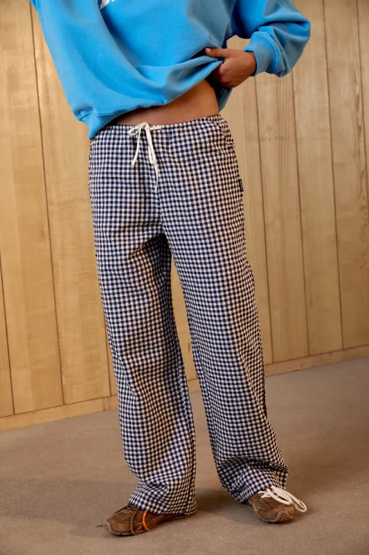 Gingham Drawstring Pants - Navy Blue/White sold by Adanola